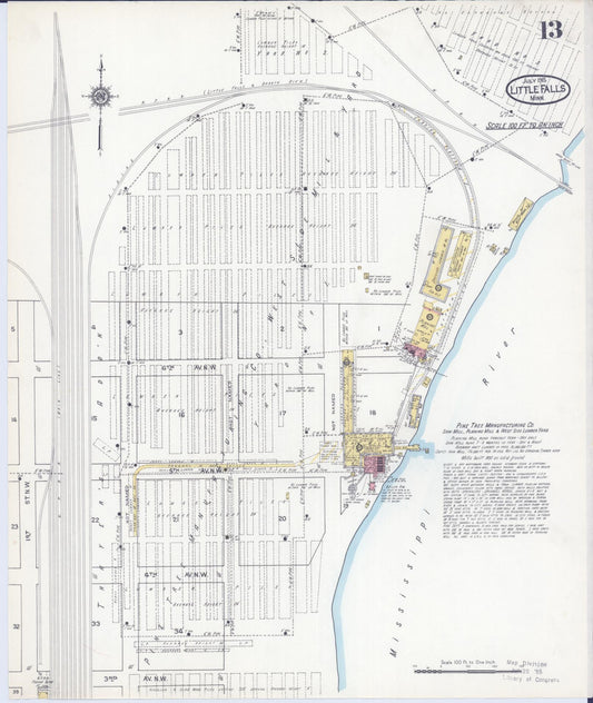Sanborn Fire Insurance Map from Little Falls, Morrison County, Minnesota (1915), Sheet #0013 - Historic Sanborn Fire Insurance Map Print, vintage old map wall art, antique decor, genealogy gift, Minnesota Minnesota map