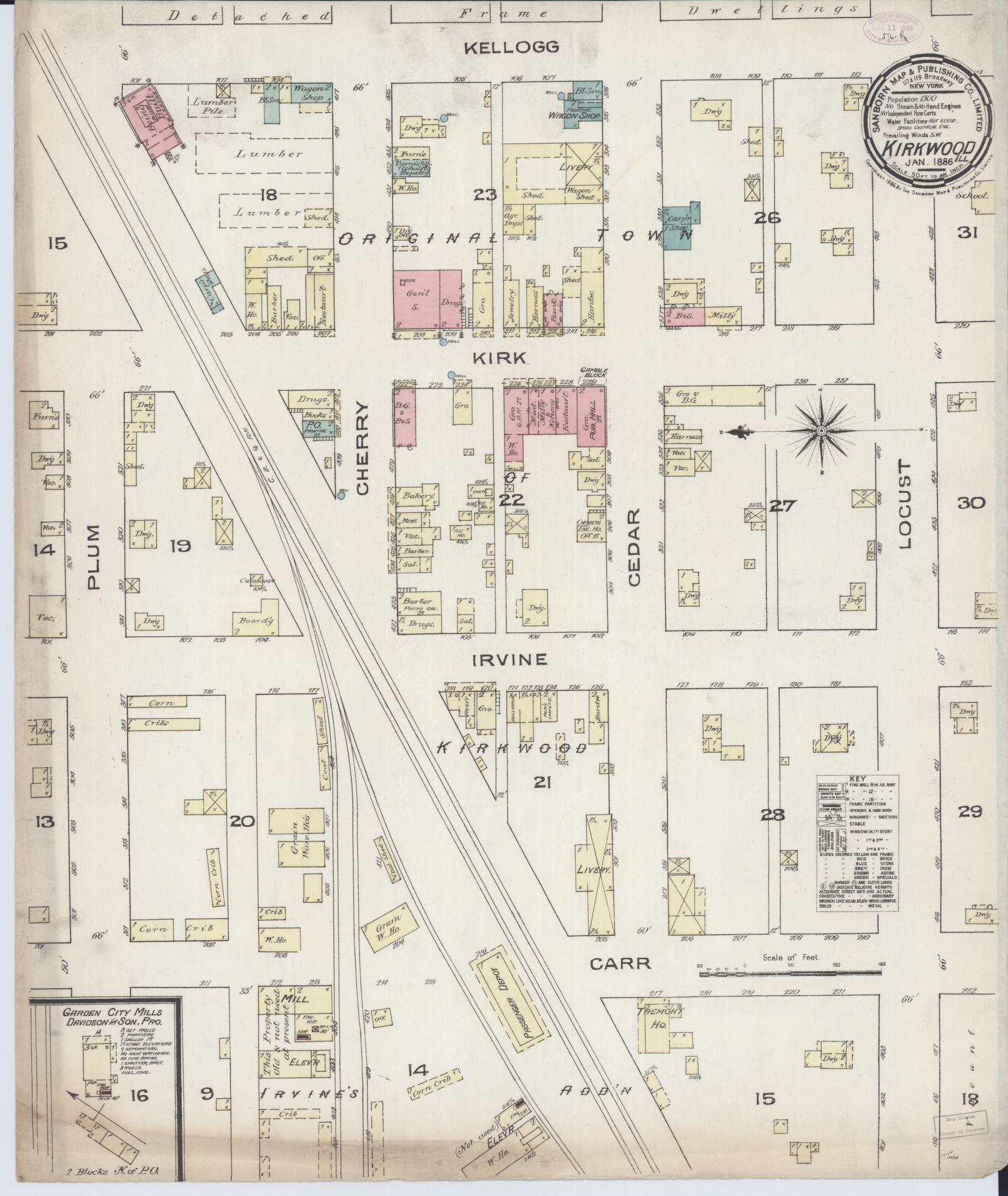 Sanborn Fire Insurance Map from Kirkwood, Warren County, Illinois (1886), Sheet #0001 - Historic Sanborn Fire Insurance Map Print, vintage old map wall art, antique decor, genealogy gift, Illinois Illinois map