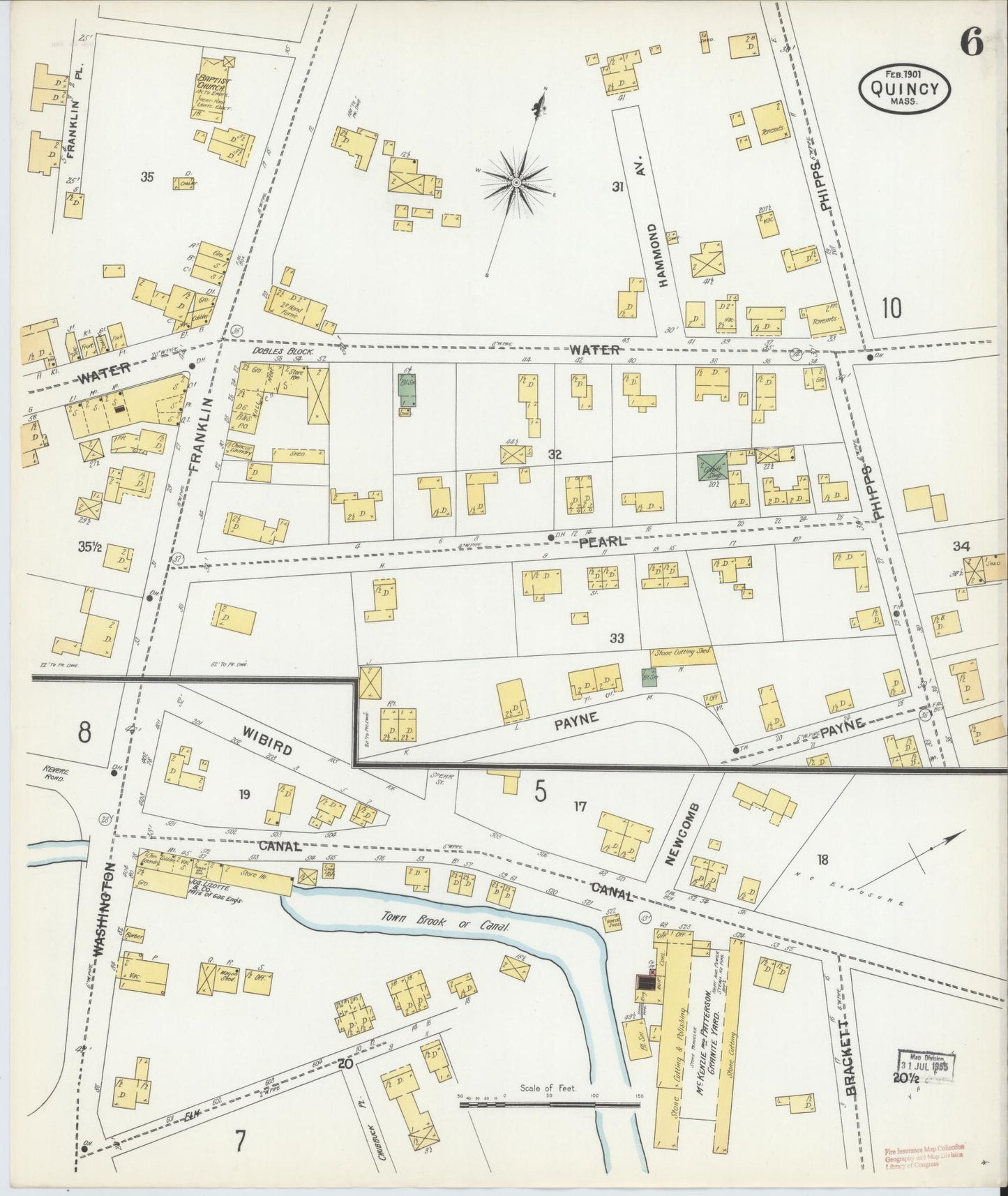 Sanborn Fire Insurance Map from Quincy, Norfolk County, Massachusetts (1901), Sheet #0006 - Historic Sanborn Fire Insurance Map Print, vintage old map wall art, antique decor, genealogy gift, Massachusetts Massachusetts map