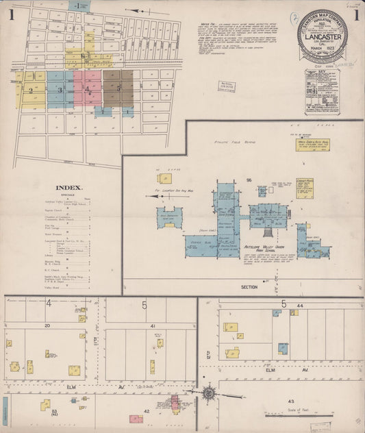 Sanborn Fire Insurance Map from Lancaster, Los Angeles County, California (1923), Sheet #0001 - Complete Map Set gallery image, historic Sanborn map, vintage wall art, California California