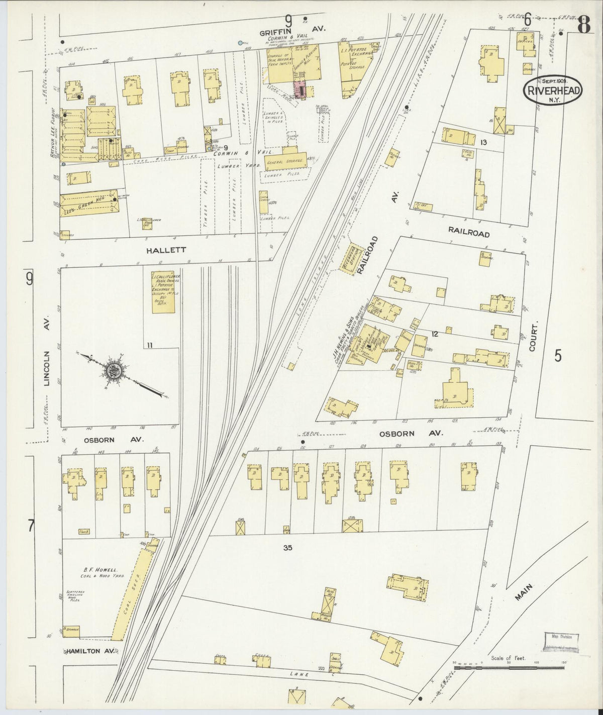 Sanborn Fire Insurance Map from Riverhead, Suffolk County, New York (1909), Sheet #0008 - Historic Sanborn Fire Insurance Map Print, vintage old map wall art, antique decor, genealogy gift, New York New York map