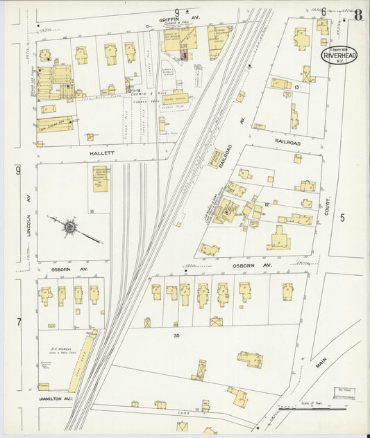 Sanborn Fire Insurance Map from Riverhead, Suffolk County, New York (1909), Sheet #0008 - Historic Sanborn Fire Insurance Map Print, vintage old map wall art, antique decor, genealogy gift, New York New York map
