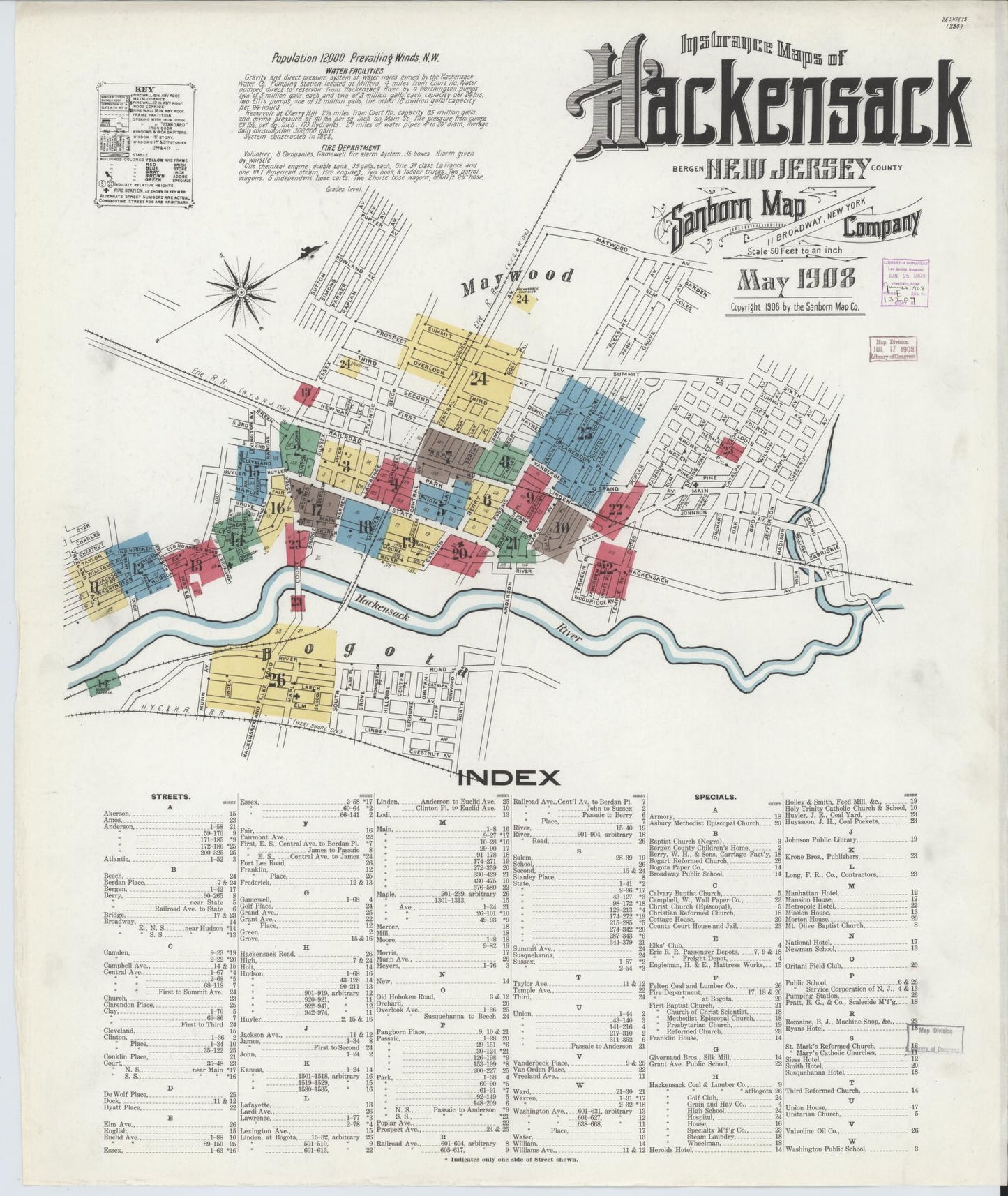 Sanborn Fire Insurance Map from Hackensack, Bergen County, New Jersey. (1908) – Historic Sanborn Fire Insurance Map Print