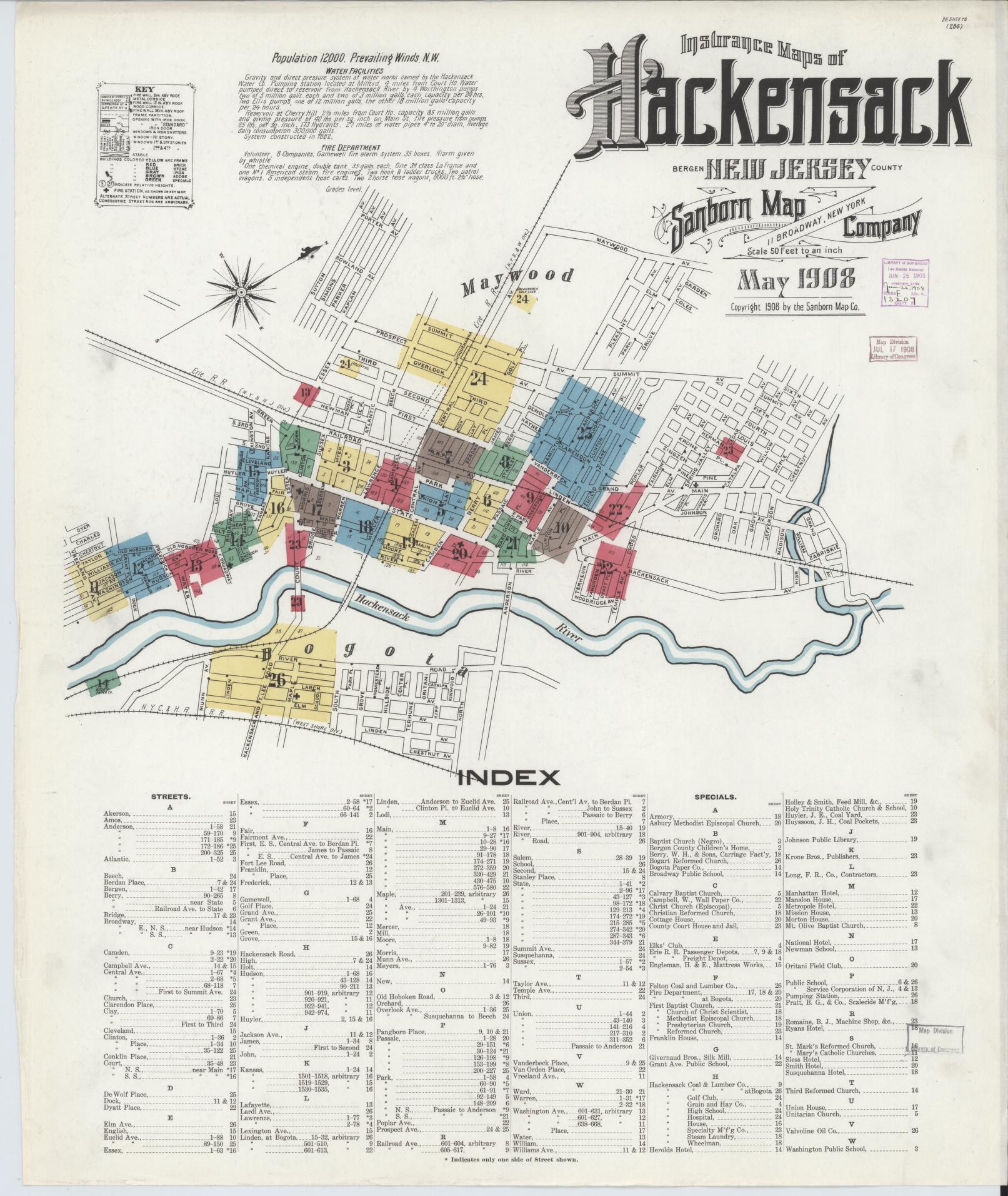 Sanborn Fire Insurance Map from Hackensack, Bergen County, New Jersey. (1908) – Historic Sanborn Fire Insurance Map Print