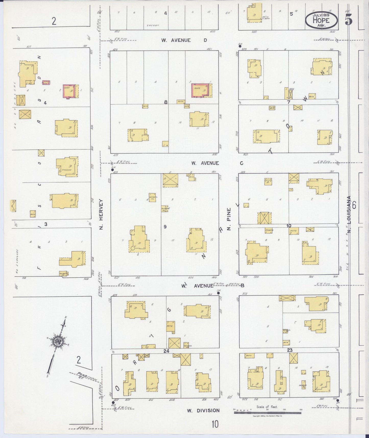 Sanborn Fire Insurance Map from Hope, Hempstead County, Arkansas (1919), Sheet #0005 - Complete Map Set gallery image, historic Sanborn map, vintage wall art, Arkansas Arkansas