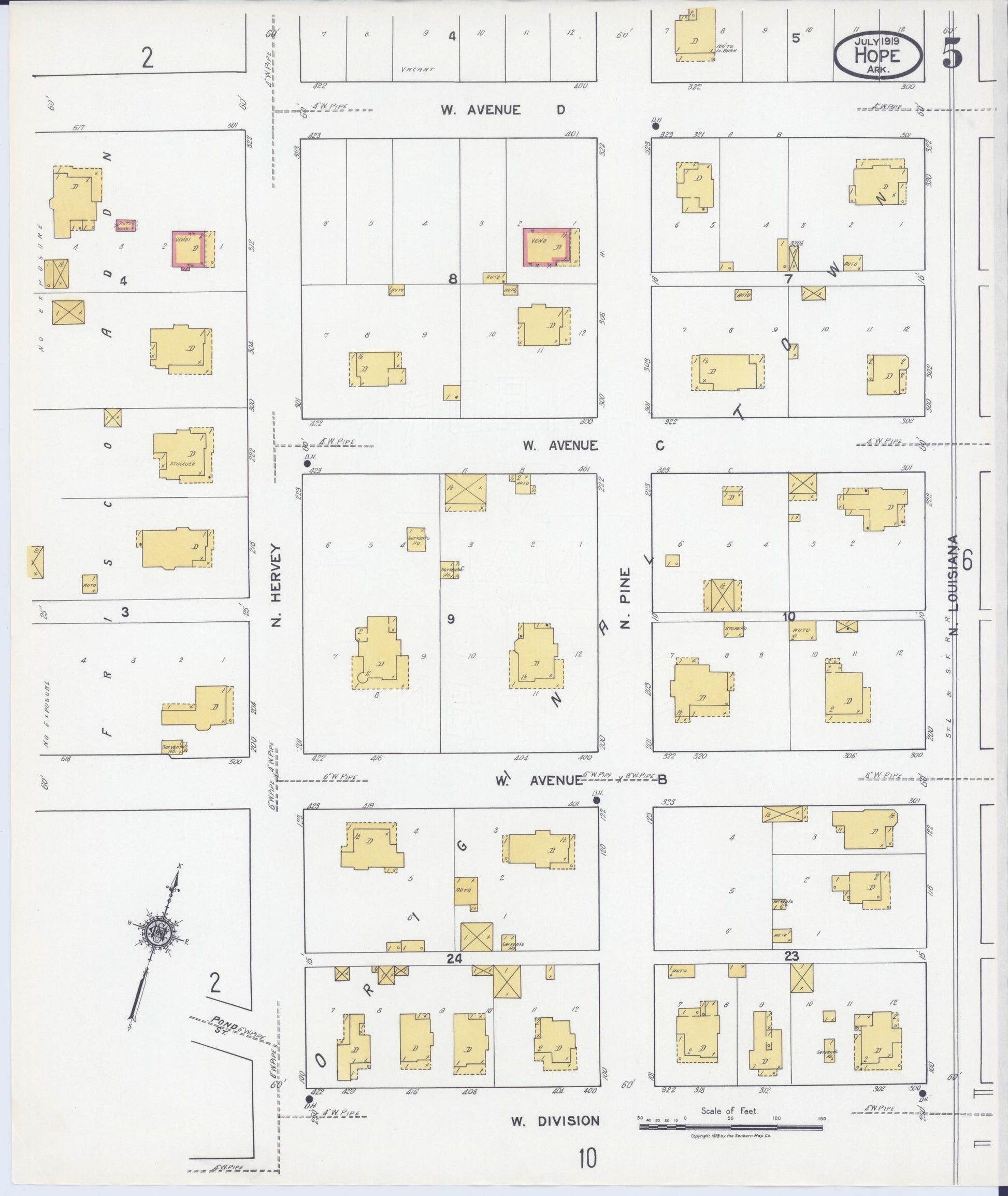 Sanborn Fire Insurance Map from Hope, Hempstead County, Arkansas (1919), Sheet #0005 - Complete Map Set gallery image, historic Sanborn map, vintage wall art, Arkansas Arkansas