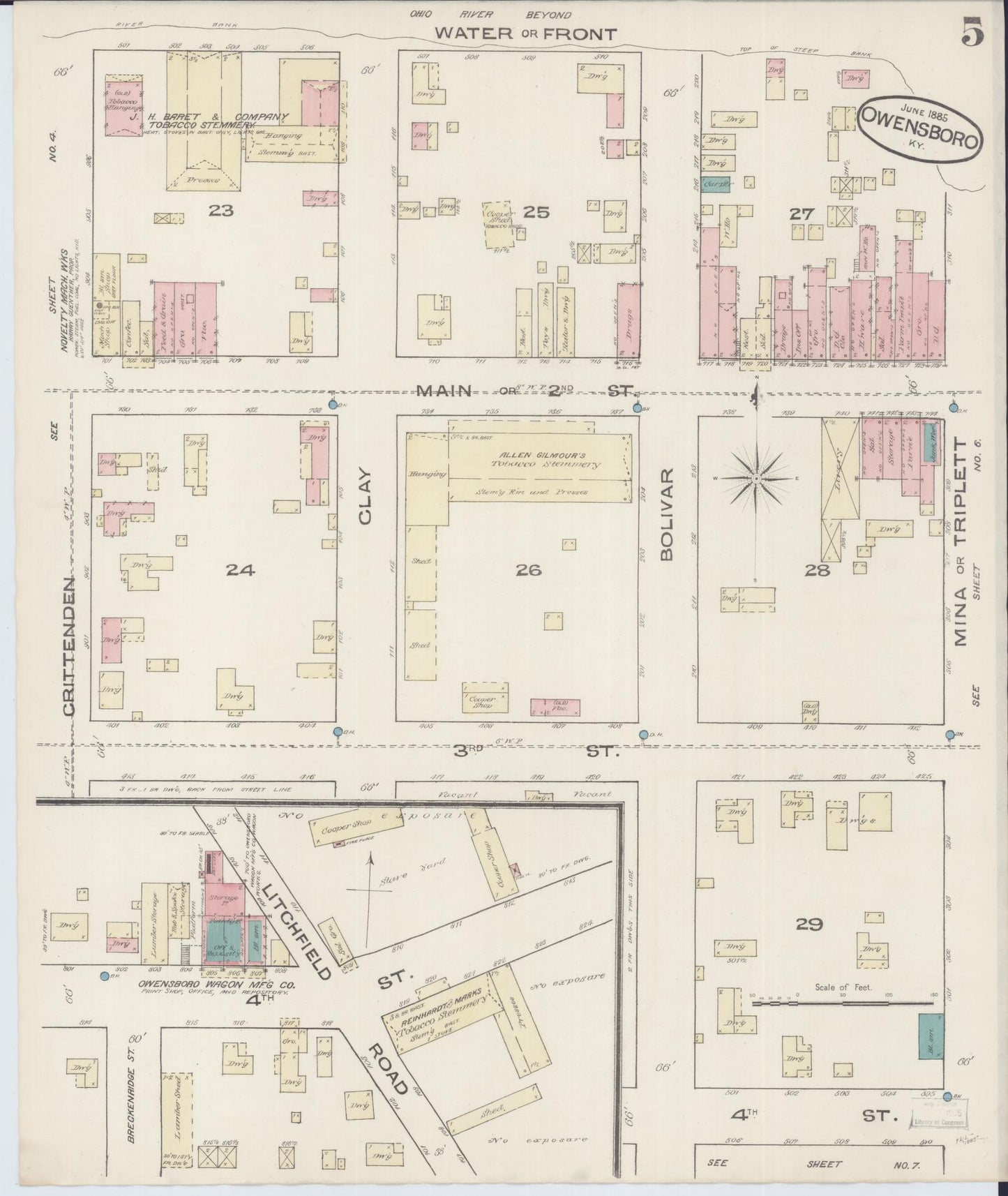 Sanborn Fire Insurance Map from Owensboro, Daviess County, Kentucky (1885), Sheet #0005 - Complete Map Set gallery image, historic Sanborn map, vintage wall art, Kentucky Kentucky