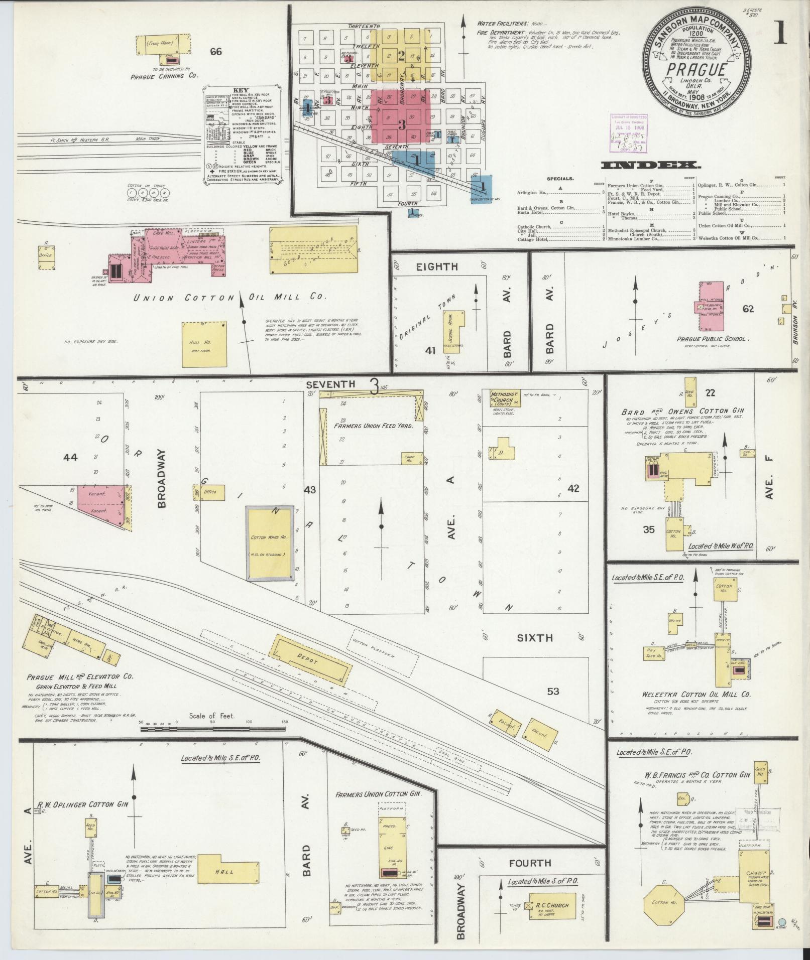 Sanborn Fire Insurance Map from Prague, Lincoln County, Oklahoma (1908), Sheet #0001 - Complete Map Set gallery image, historic Sanborn map, vintage wall art, Oklahoma Oklahoma