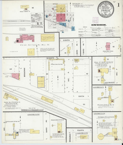 Sanborn Fire Insurance Map from Prague, Lincoln County, Oklahoma (1908), Sheet #0001 - Complete Map Set gallery image, historic Sanborn map, vintage wall art, Oklahoma Oklahoma
