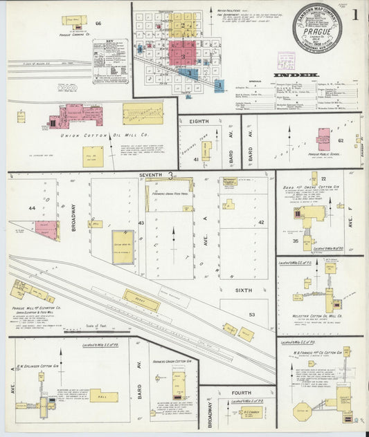 Sanborn Fire Insurance Map from Prague, Lincoln County, Oklahoma (1908), Sheet #0001 - Complete Map Set gallery image, historic Sanborn map, vintage wall art, Oklahoma Oklahoma