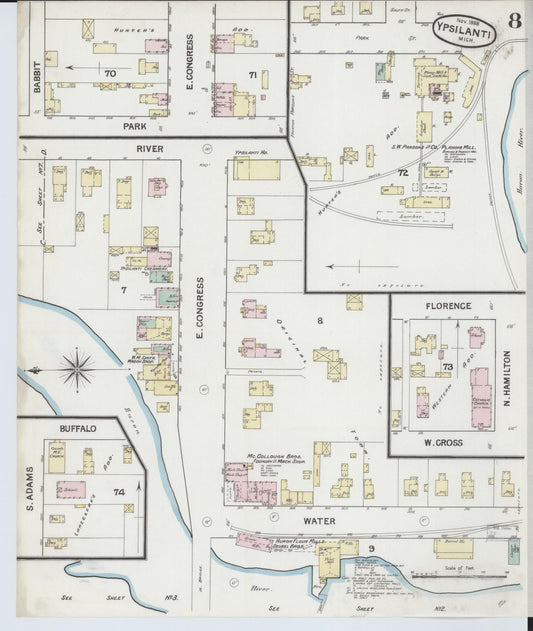 Sanborn Fire Insurance Map from Ypsilanti, Washtenaw County, Michigan (1888), Sheet #0008 - Historic Sanborn Fire Insurance Map Print, vintage old map wall art, antique decor, genealogy gift, Michigan Michigan map