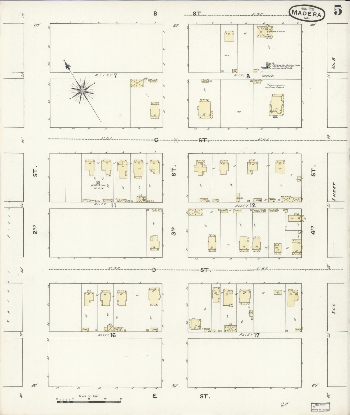 Sanborn Fire Insurance Map from Madera, Madera County, California (1891), Sheet #0005 - Complete Map Set gallery image, historic Sanborn map, vintage wall art, California California