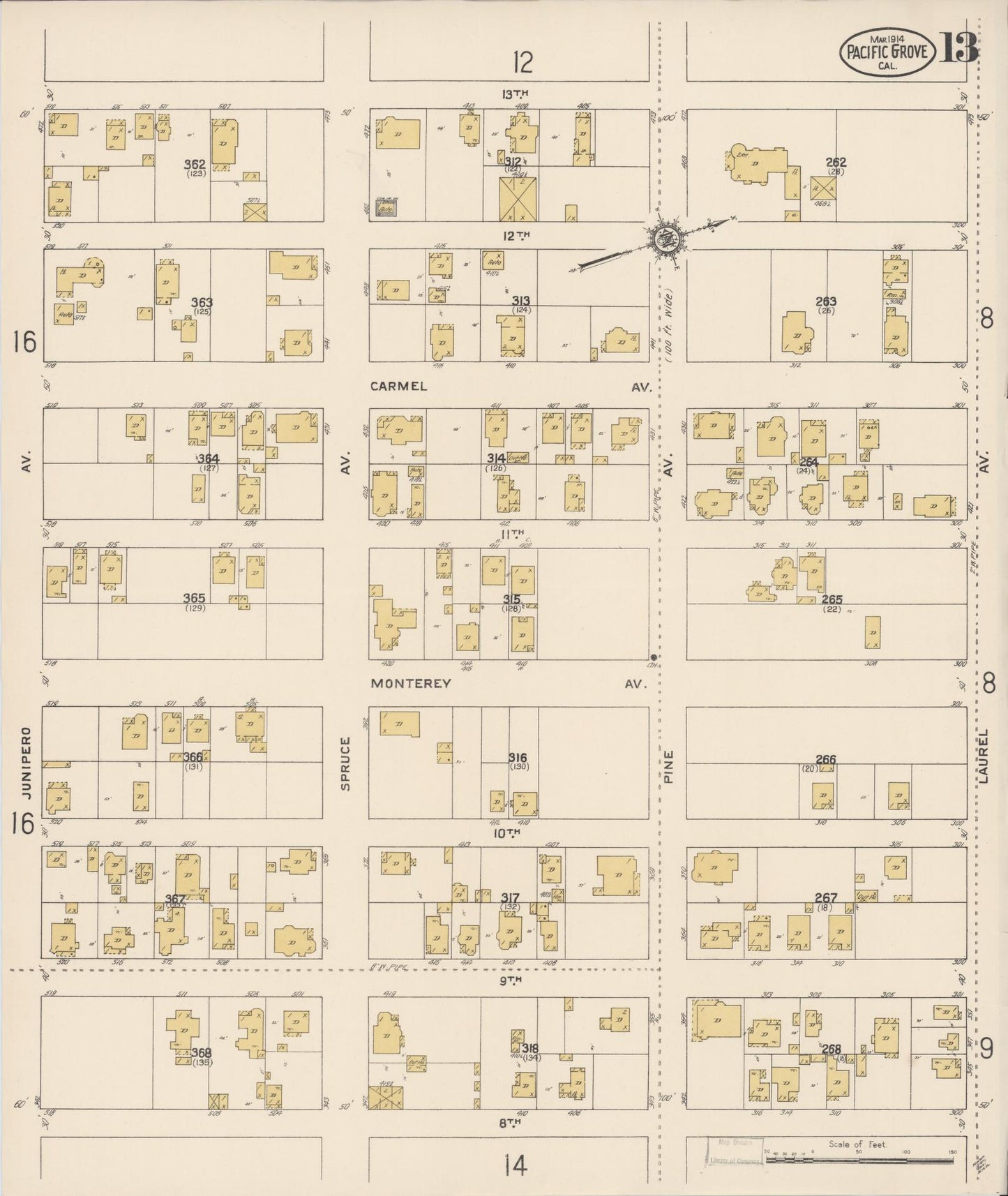 Sanborn Fire Insurance Map from Pacific Grove, Monterey County, California (1914), Sheet #0013 - Complete Map Set gallery image, historic Sanborn map, vintage wall art, California California
