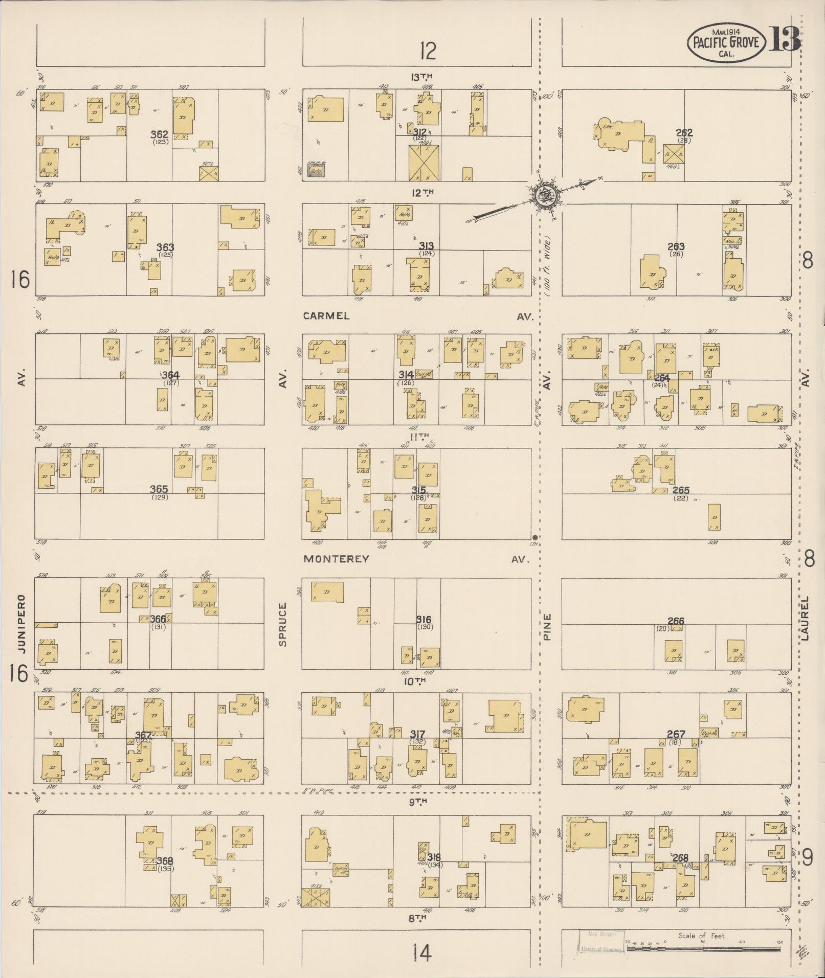 Sanborn Fire Insurance Map from Pacific Grove, Monterey County, California (1914), Sheet #0013 - Complete Map Set gallery image, historic Sanborn map, vintage wall art, California California