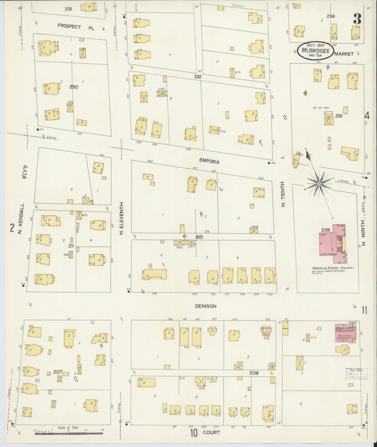 Sanborn Fire Insurance Map from Muskogee, Muskogee County, Oklahoma (1907), Sheet #0003 - Complete Map Set gallery image, historic Sanborn map, vintage wall art, Oklahoma Oklahoma