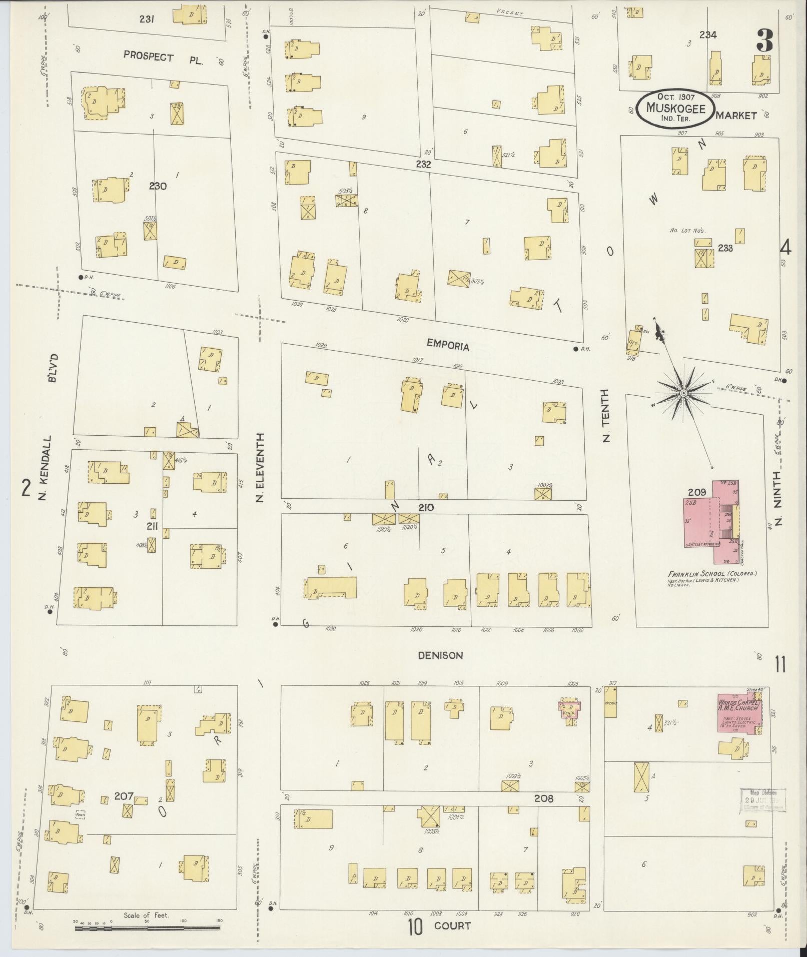 Sanborn Fire Insurance Map from Muskogee, Muskogee County, Oklahoma (1907), Sheet #0003 - Complete Map Set gallery image, historic Sanborn map, vintage wall art, Oklahoma Oklahoma