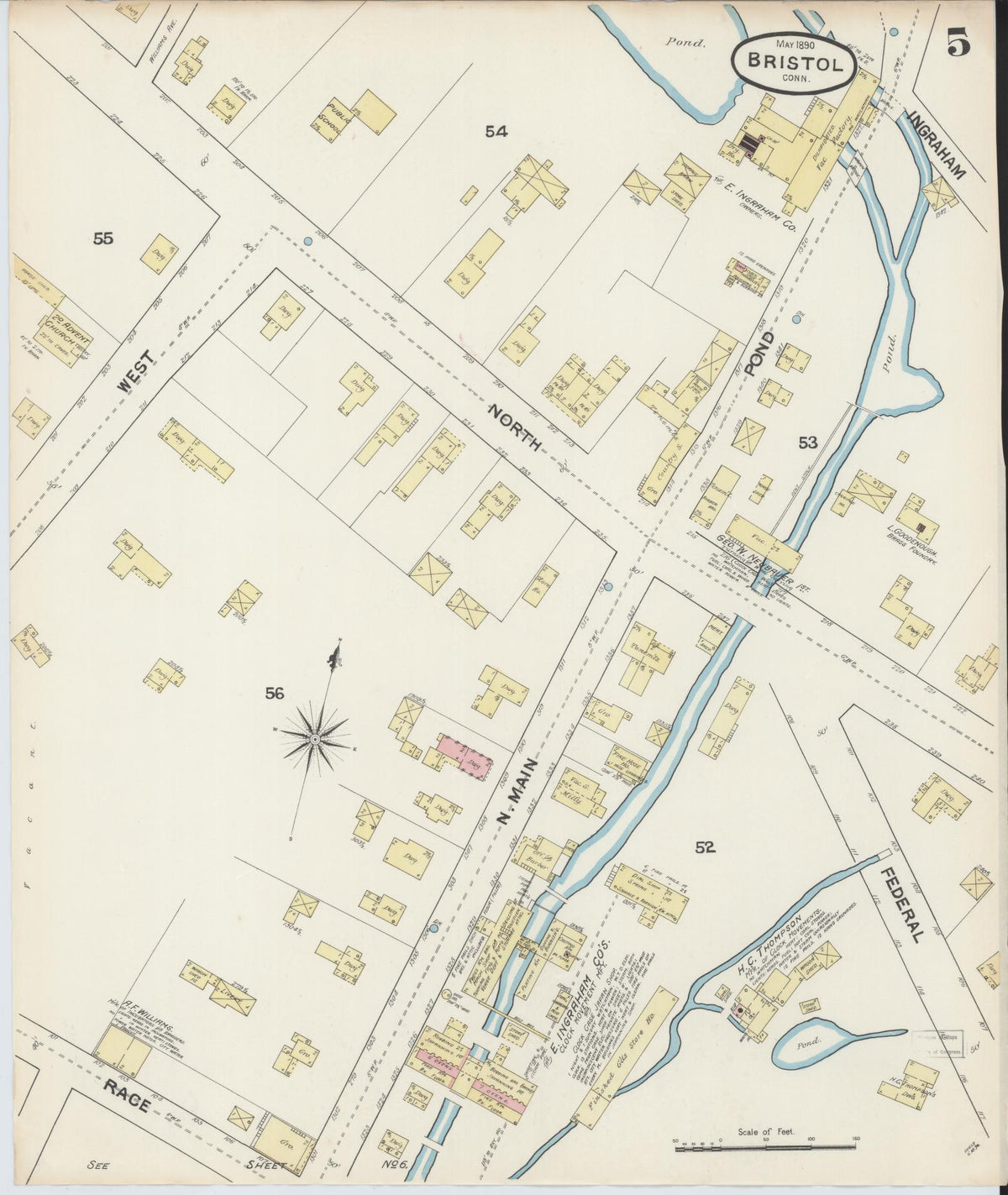 Sanborn Fire Insurance Map from Bristol, Hartford County, Connecticut (1890), Sheet #0004 - Historic Sanborn Fire Insurance Map Print, vintage old map wall art, antique decor, genealogy gift, Connecticut Connecticut map