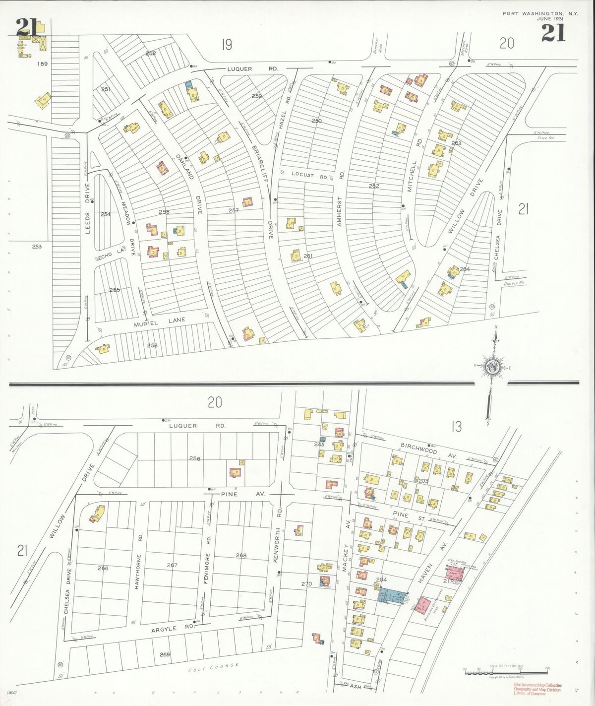 Sanborn Fire Insurance Map from Port Washington, Nassau County, New York (1931), Sheet #0021 - Historic Sanborn Fire Insurance Map Print, vintage old map wall art, antique decor, genealogy gift, New York New York map