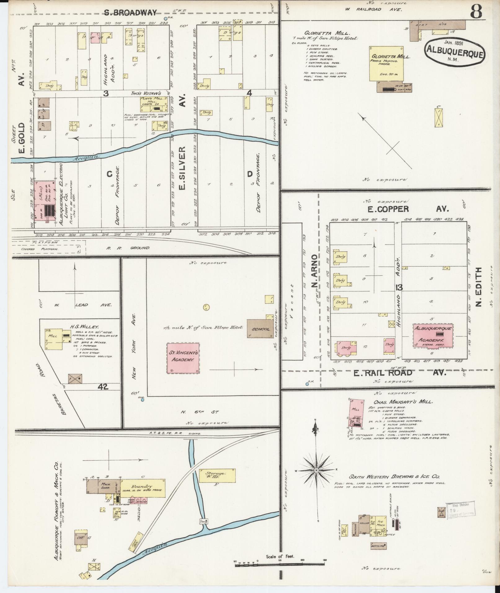 Sanborn Fire Insurance Map from Albuquerque, Bernalillo County, New Mexico (1891), Sheet #0008 - Historic Sanborn Fire Insurance Map Print, vintage old map wall art, antique decor, genealogy gift, New Mexico New Mexico map