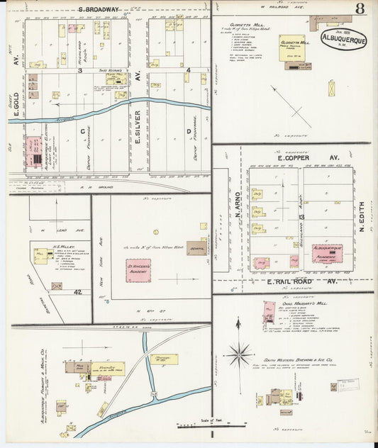 Sanborn Fire Insurance Map from Albuquerque, Bernalillo County, New Mexico (1891), Sheet #0008 - Historic Sanborn Fire Insurance Map Print, vintage old map wall art, antique decor, genealogy gift, New Mexico New Mexico map