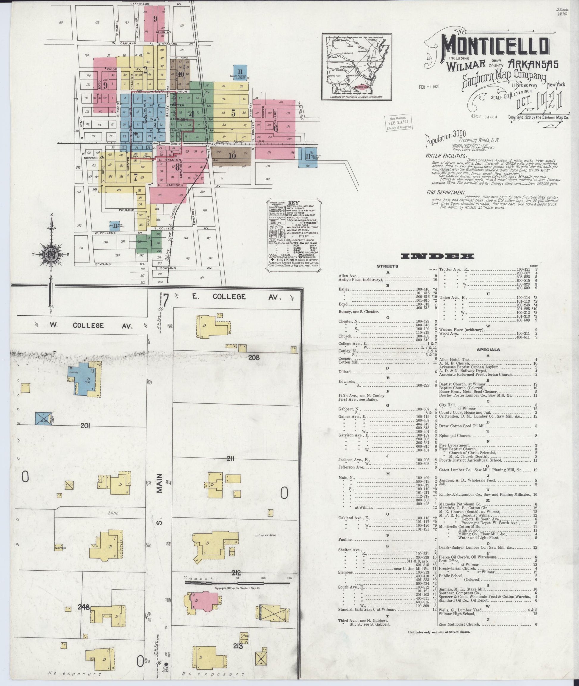 Sanborn Fire Insurance Map from Monticello, Drew County, Arkansas (1920), Sheet #0001 - Historic Sanborn Fire Insurance Map Print, vintage old map wall art, antique decor, genealogy gift, Arkansas Arkansas map