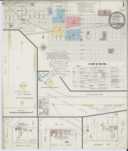 Sanborn Fire Insurance Map from Columbus, Platte County, Nebraska (1889), Sheet #0001 - Complete Map Set gallery image, historic Sanborn map, vintage wall art, Nebraska Nebraska