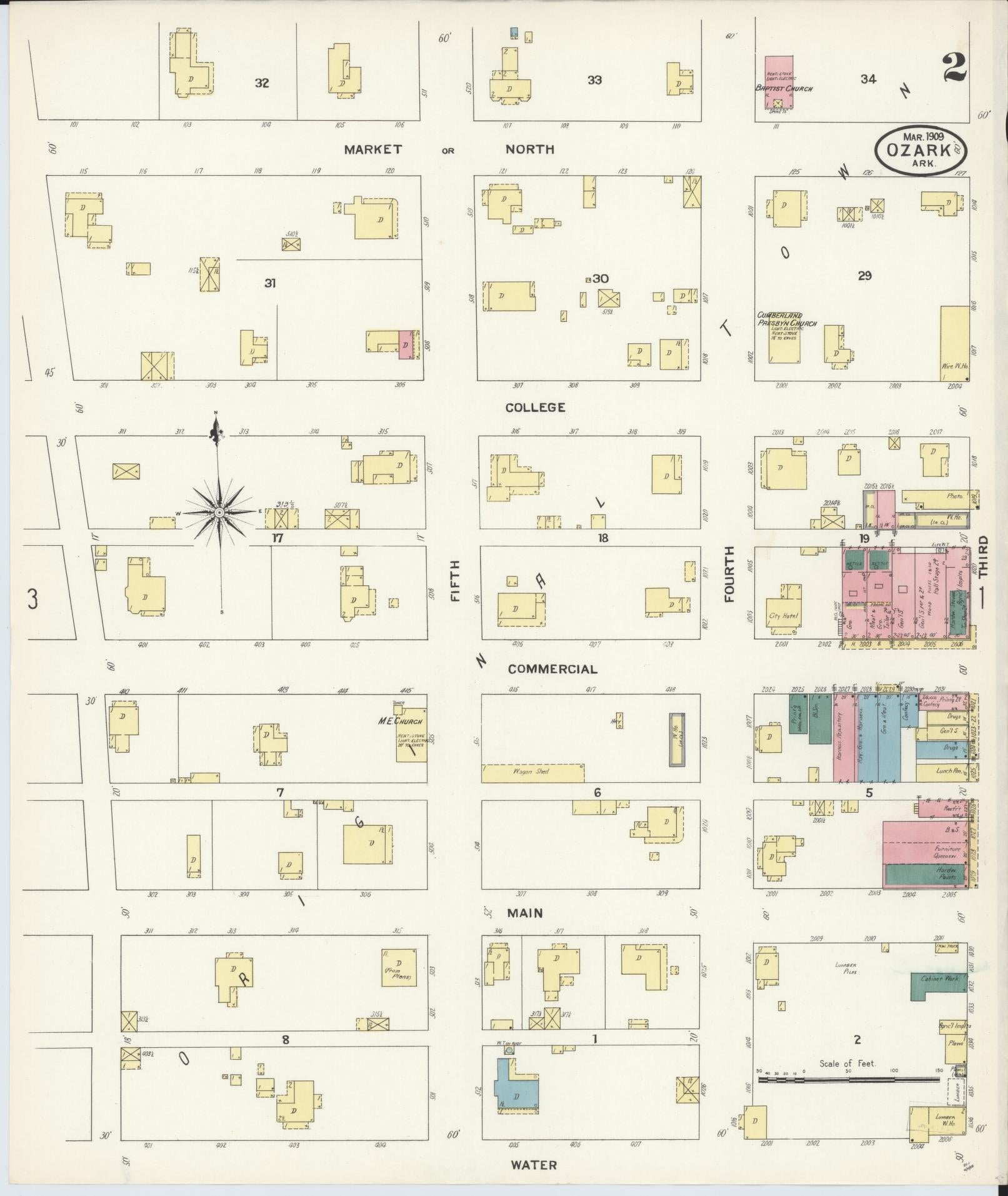 Sanborn Fire Insurance Map from Ozark, Franklin County, Arkansas (1909), Sheet #0002 - Complete Map Set gallery image, historic Sanborn map, vintage wall art, Arkansas Arkansas