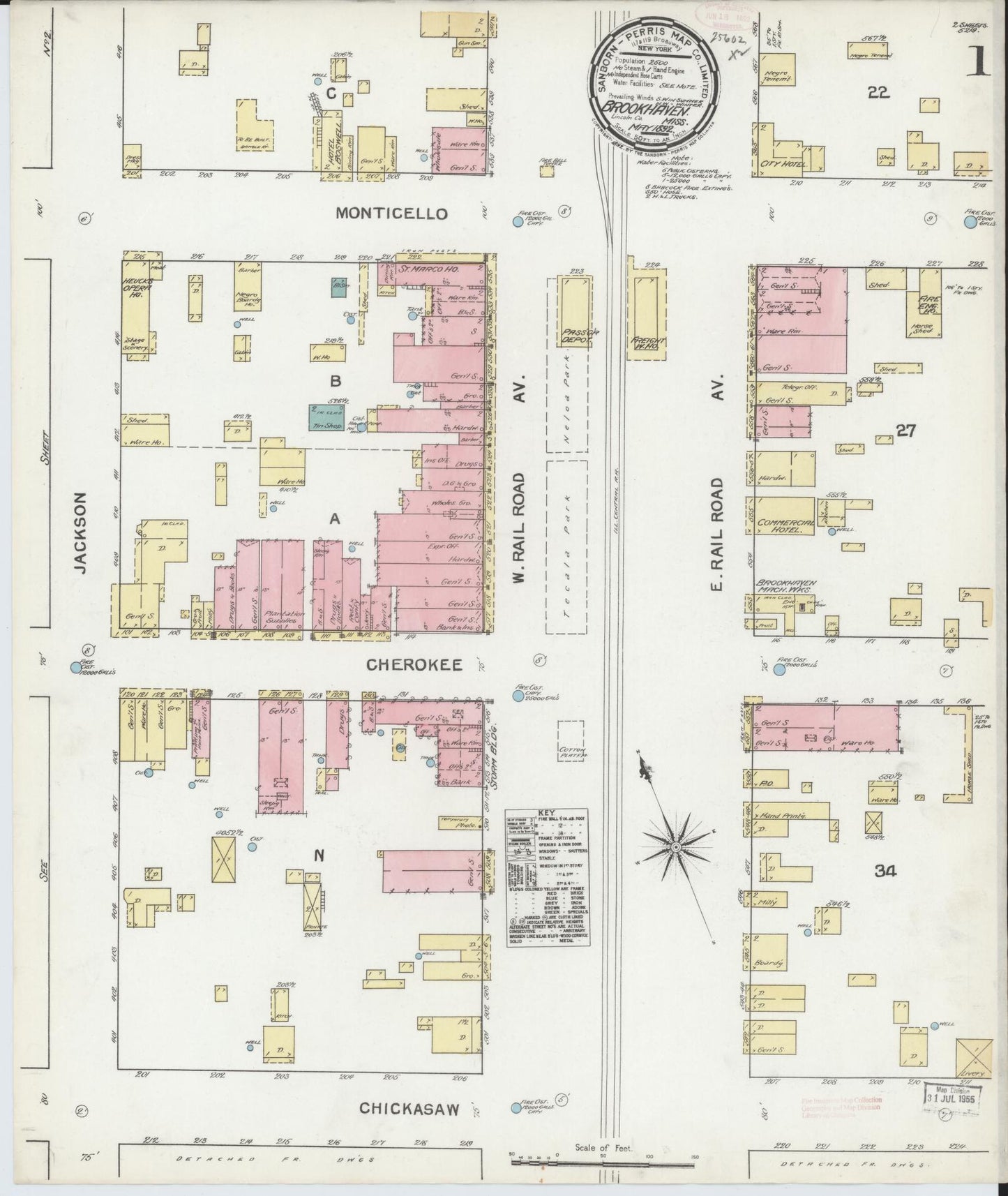 Sanborn Fire Insurance Map from Brookhaven, Lincoln County, Mississippi (1892), Sheet #0001 - Historic Sanborn Fire Insurance Map Print, vintage old map wall art, antique decor, genealogy gift, Mississippi Mississippi map