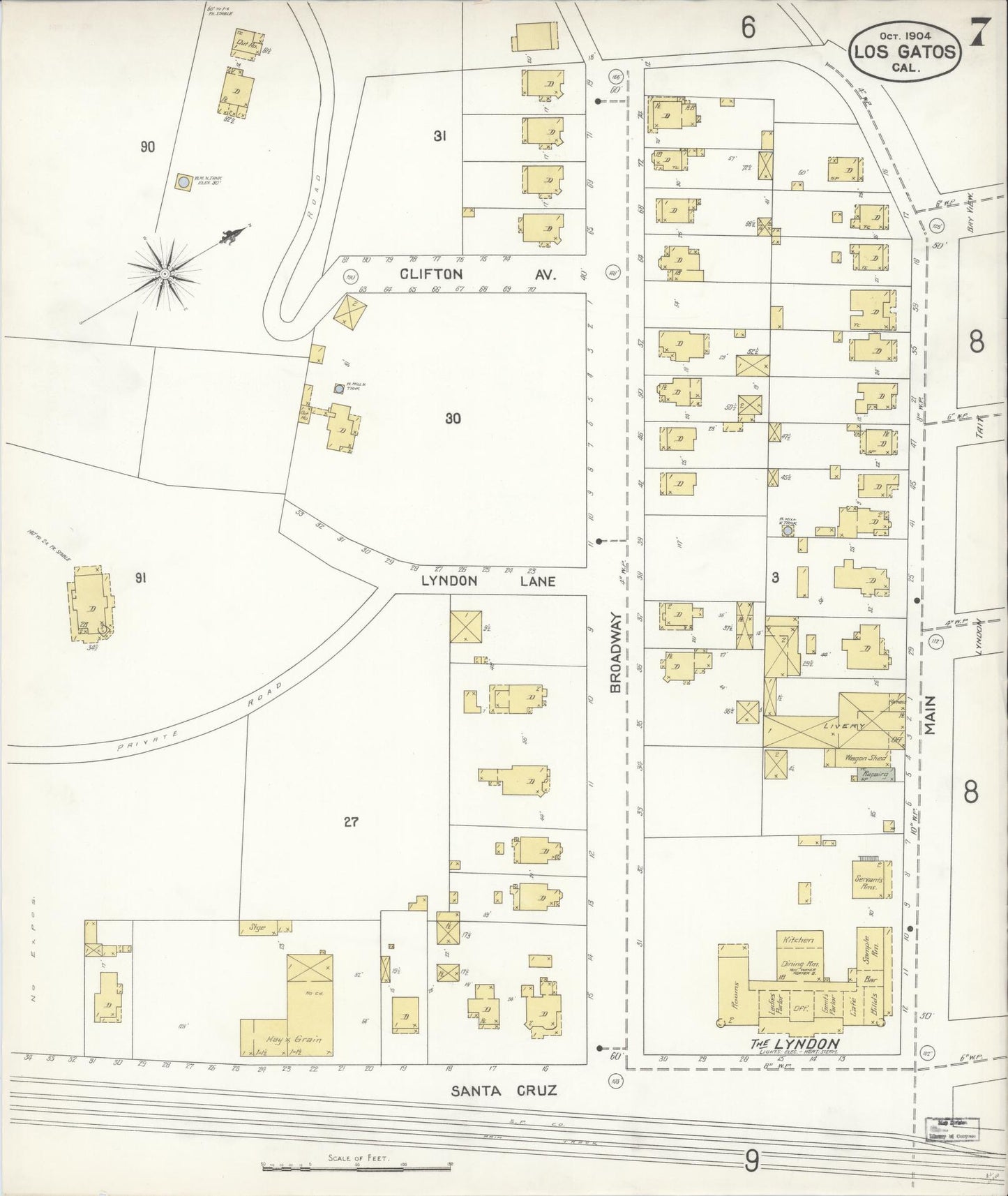 Sanborn Fire Insurance Map from Los Gatos, Santa Clara County, California (1904), Sheet #0007 - Complete Map Set gallery image, historic Sanborn map, vintage wall art, California California