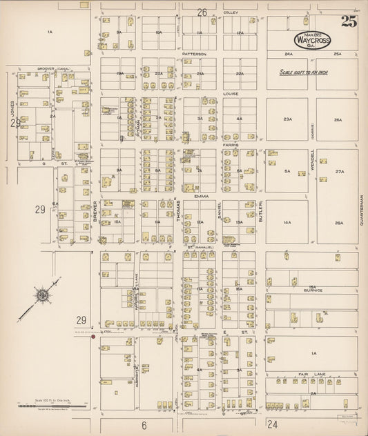 Sanborn Fire Insurance Map from Waycross, Ware County, Georgia (1922), Sheet #0025 - Historic Sanborn Fire Insurance Map Print, vintage old map wall art, antique decor, genealogy gift, Georgia Georgia map