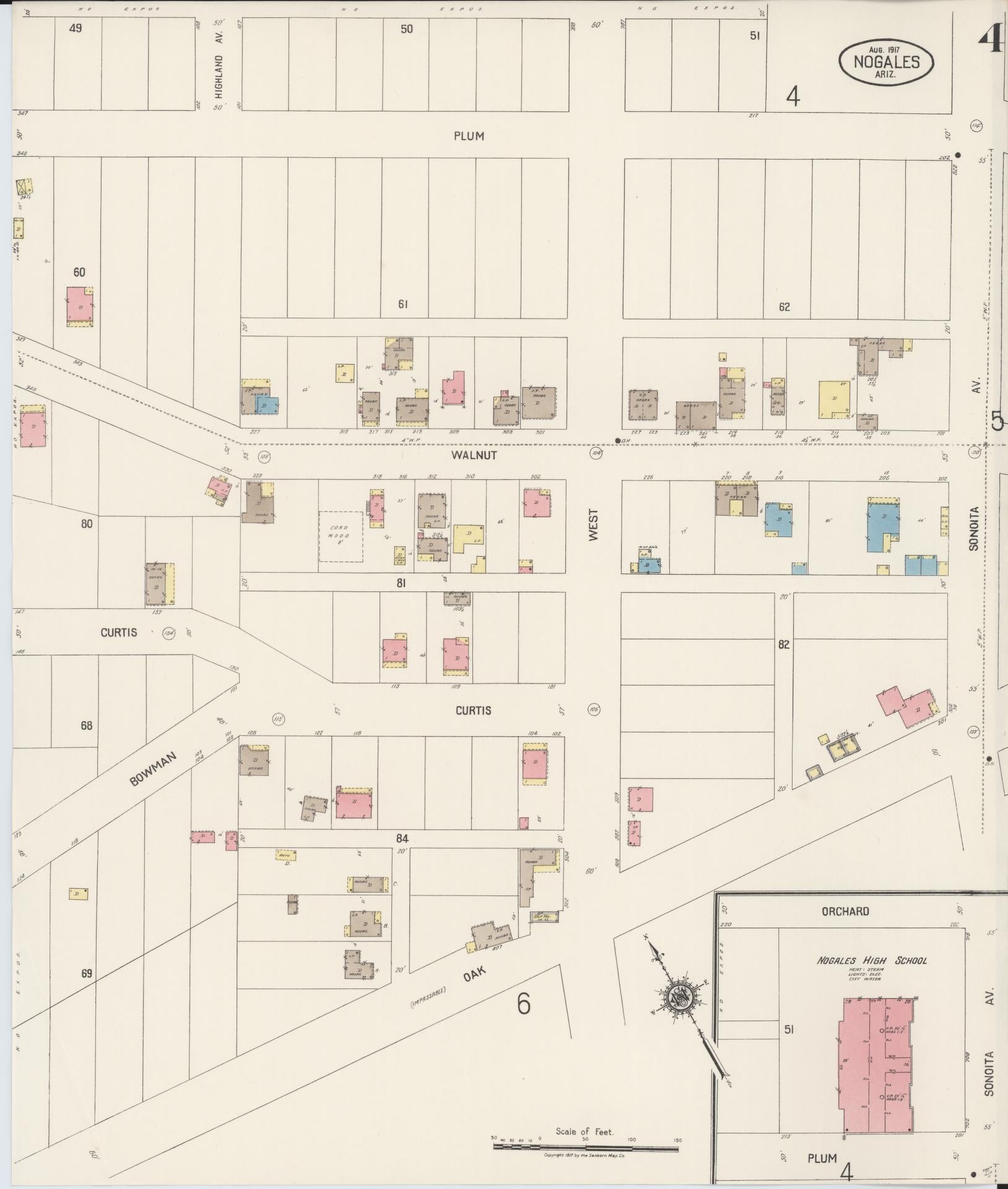 Sanborn Fire Insurance Map from Nogales, Santa Cruz County, Arizona (1917), Sheet #0004 - Historic Sanborn Fire Insurance Map Print, vintage old map wall art, antique decor, genealogy gift, Arizona Arizona map
