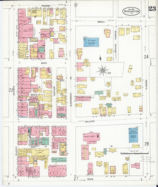 Sanborn Fire Insurance Map from Burlington, Chittenden County, Vermont (1906), Sheet #0023 - Historic Sanborn Fire Insurance Map Print, vintage old map wall art, antique decor, genealogy gift, Vermont Vermont map