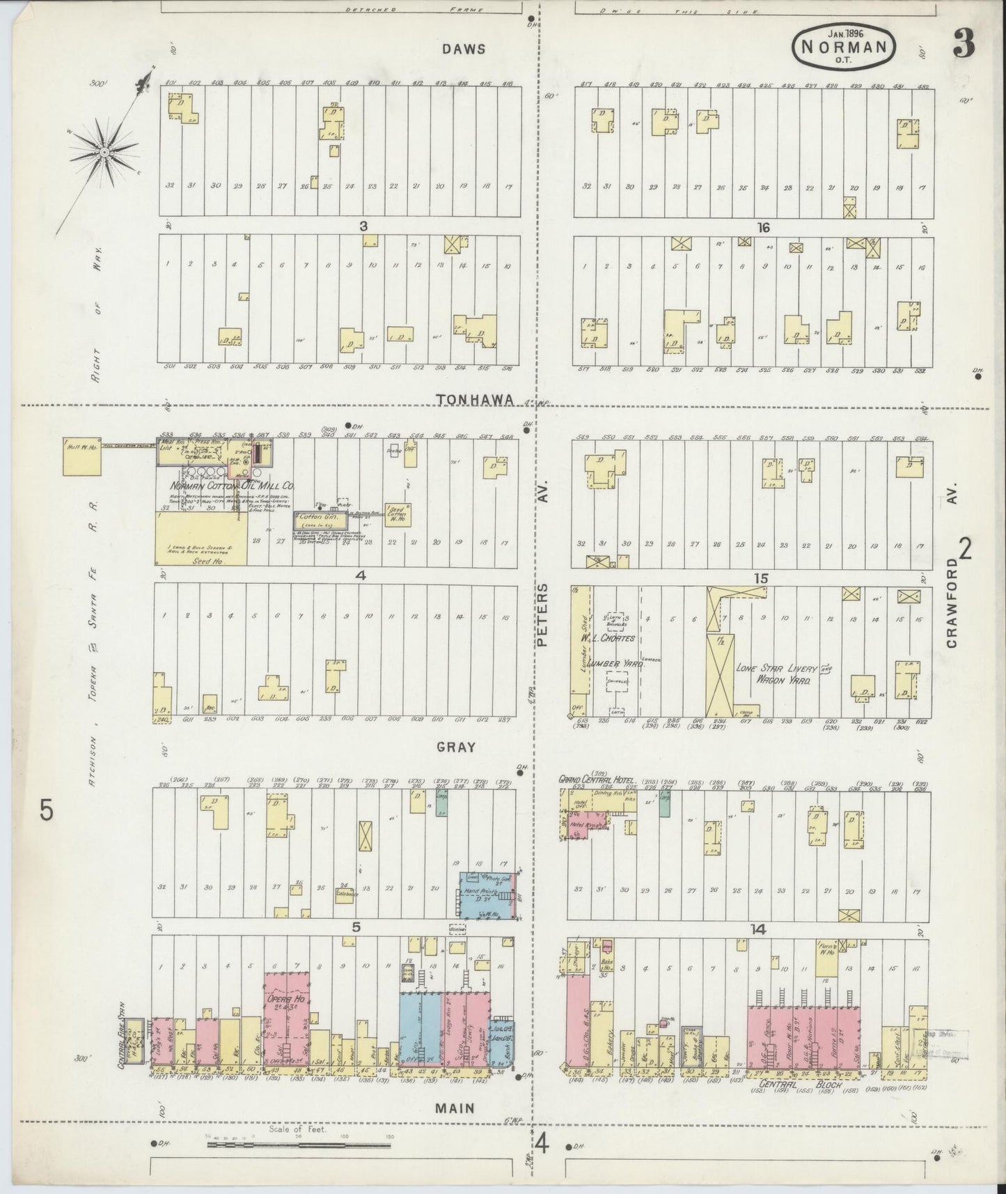 Sanborn Fire Insurance Map from Norman, Cleveland County, Oklahoma (1896), Sheet #0003 - Complete Map Set gallery image, historic Sanborn map, vintage wall art, Oklahoma Oklahoma