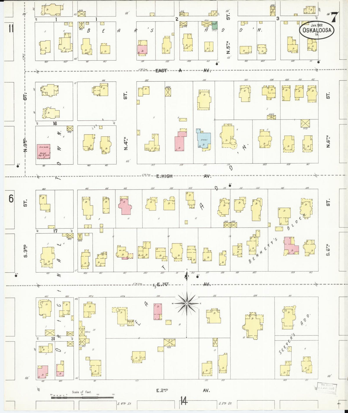 Sanborn Fire Insurance Map from Oskaloosa, Mahaska County, Iowa (1902), Sheet #0007 - Historic Sanborn Fire Insurance Map Print, vintage old map wall art