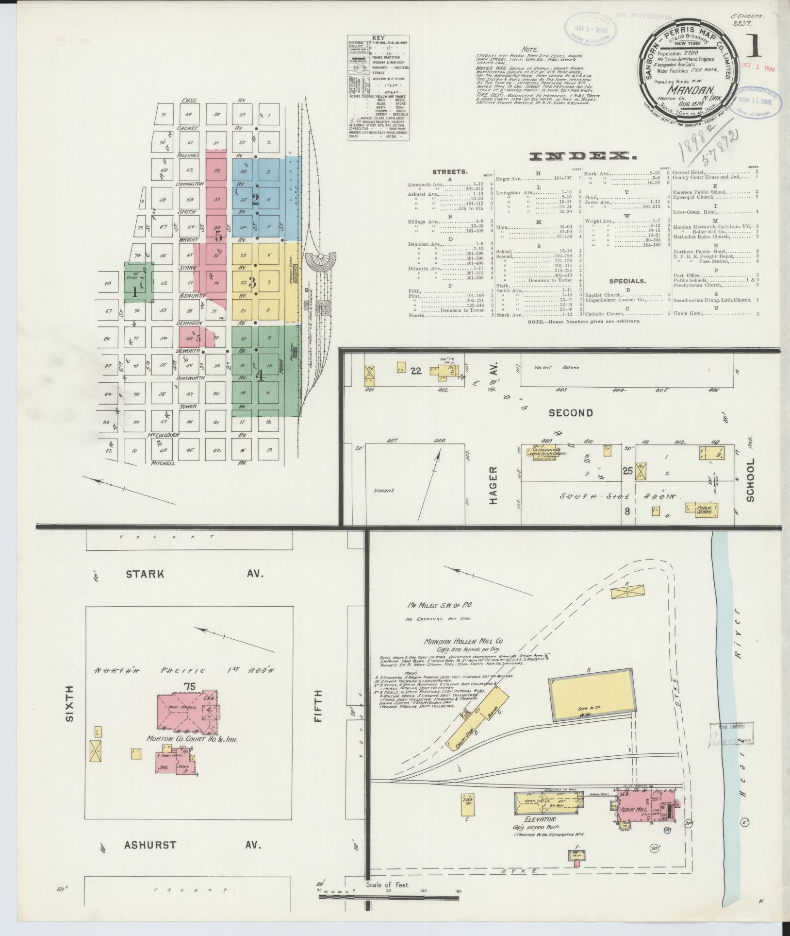 Sanborn Fire Insurance Map from Mandan, Morton County, North Dakota (1898), Sheet #0001 - Complete Map Set gallery image, historic Sanborn map, vintage wall art, North Dakota North Dakota