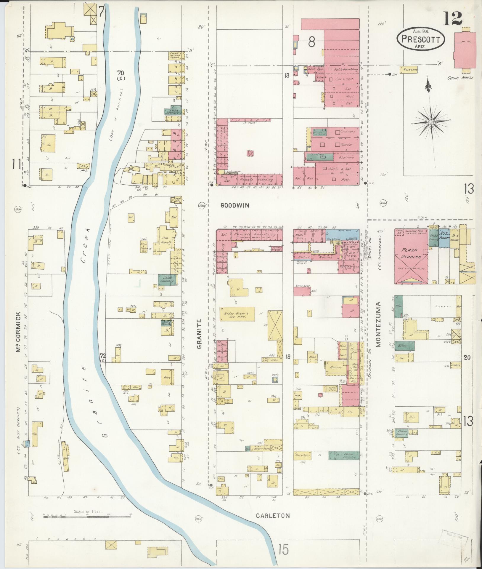 Sanborn Fire Insurance Map from Prescott, Yavapai County, Arizona (1901), Sheet #0012 - Complete Map Set gallery image, historic Sanborn map, vintage wall art, Arizona Arizona