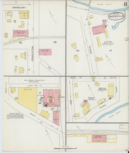 Sanborn Fire Insurance Map from Greenville, Greenville County, South Carolina (1893), Sheet #0008 - Complete Map Set gallery image, historic Sanborn map, vintage wall art, South Carolina South Carolina