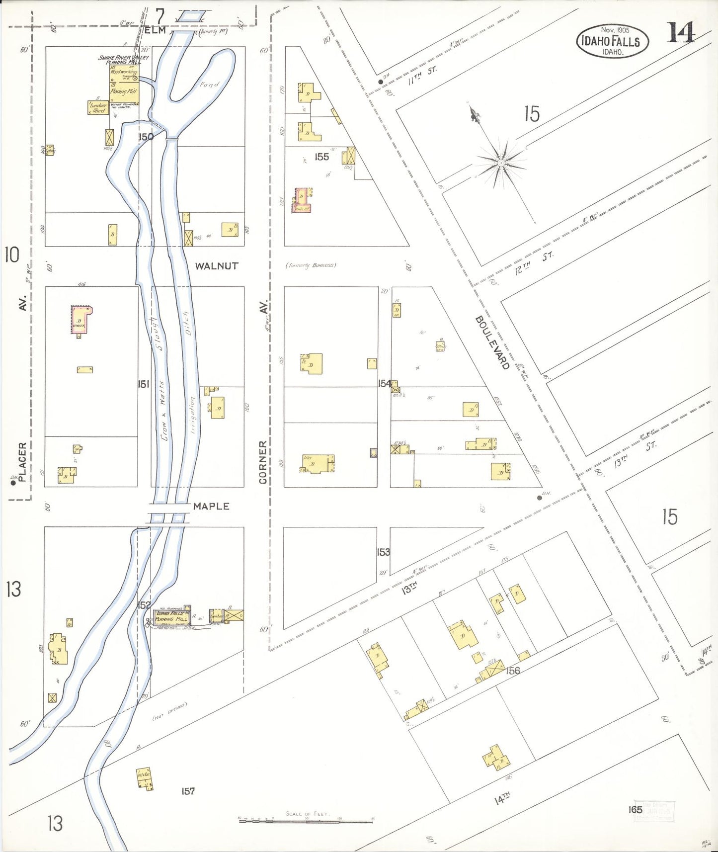Sanborn Fire Insurance Map from Idaho Falls, Bonneville County, Idaho (1905), Sheet #0014 - Complete Map Set gallery image, historic Sanborn map, vintage wall art, Idaho Idaho