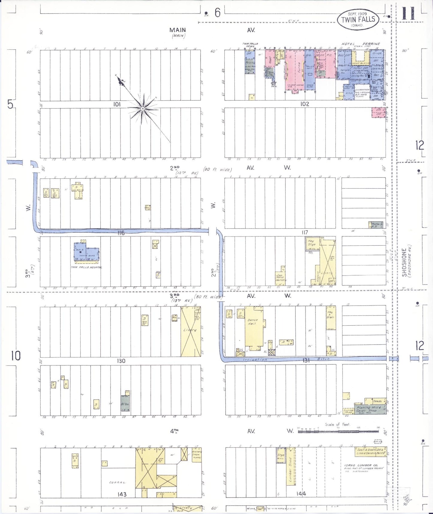 Sanborn Fire Insurance Map from Twin Falls, Twin Falls County, Idaho (1909), Sheet #0011 - Complete Map Set gallery image, historic Sanborn map, vintage wall art, Falls Idaho