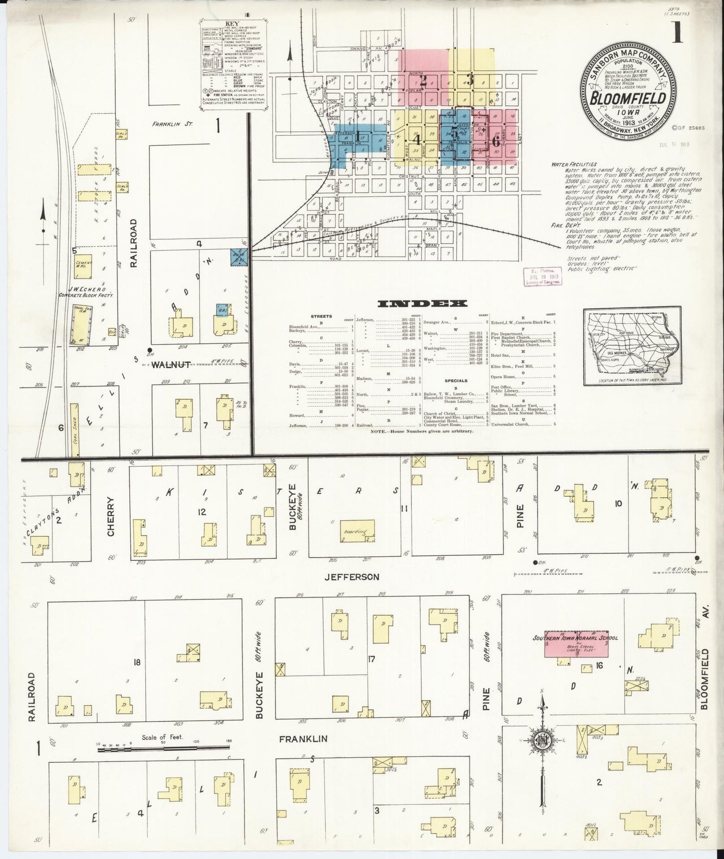 Sanborn Fire Insurance Map from Bloomfield, Davis County, Iowa (1913), Sheet #0001 - Historic Sanborn Fire Insurance Map Print, vintage old map wall art