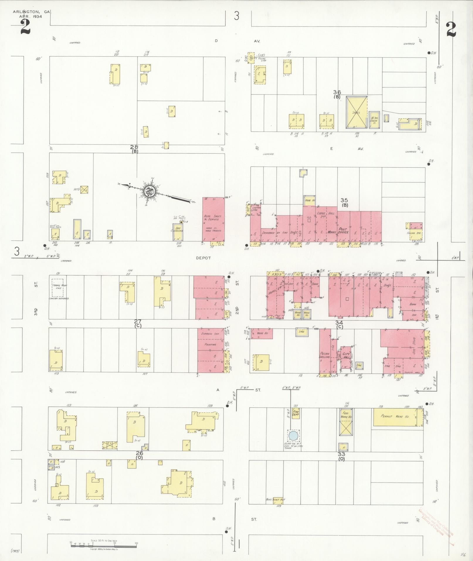 Sanborn Fire Insurance Map from Arlington, Calhoun County And Early County, Georgia (1934), Sheet #0002 - Complete Map Set gallery image, historic Sanborn map, vintage wall art, Georgia Georgia