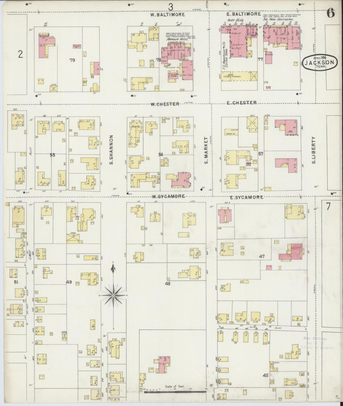 Sanborn Fire Insurance Map from Jackson, Madison County, Tennessee (1896), Sheet #0006 - Historic Sanborn Fire Insurance Map Print, vintage old map wall art, antique decor, genealogy gift, Tennessee Tennessee map