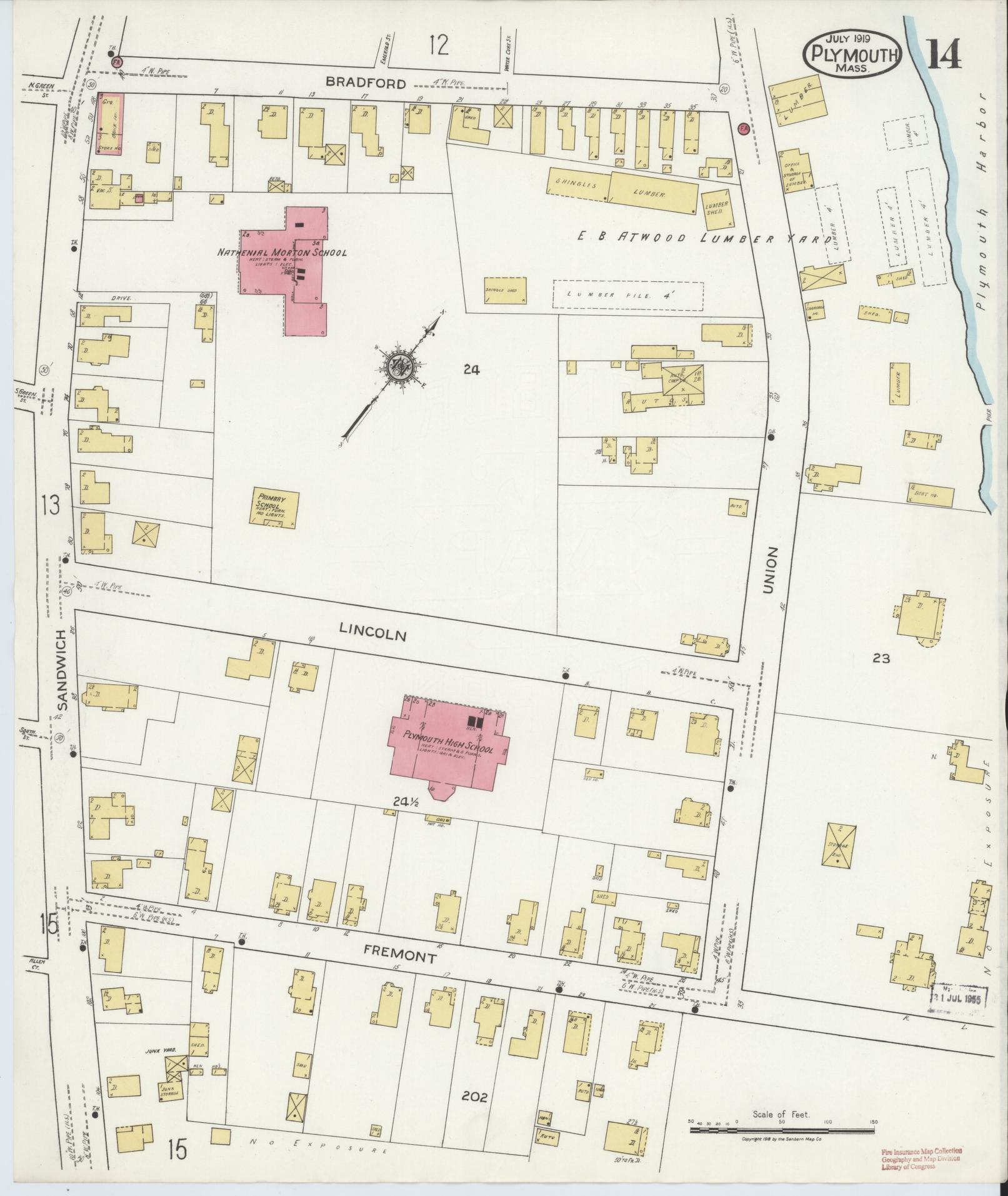 Sanborn Fire Insurance Map from Plymouth, Plymouth County, Massachusetts (1919), Sheet #0014 - Complete Map Set gallery image, historic Sanborn map, vintage wall art, Massachusetts Massachusetts
