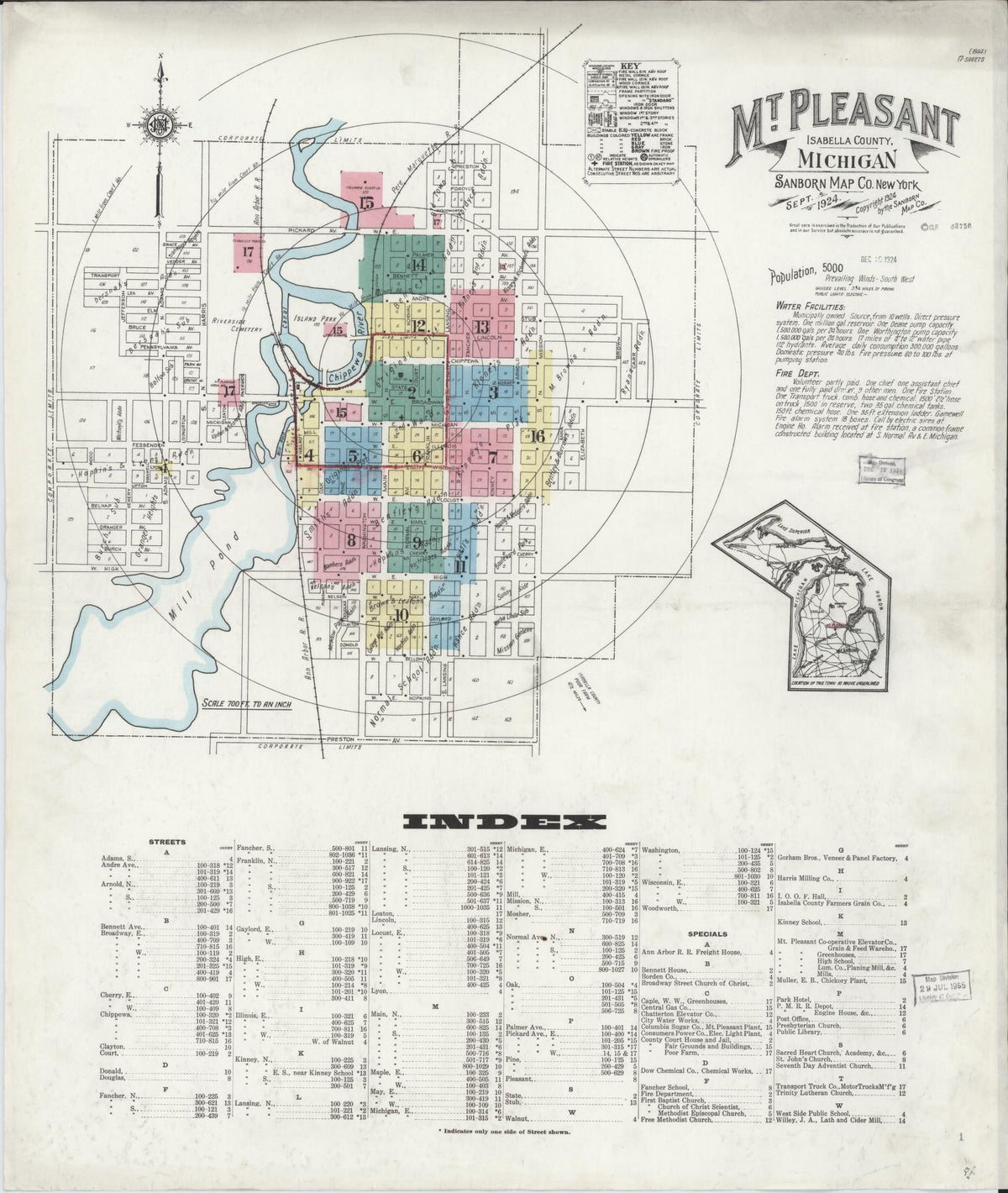 Sanborn Fire Insurance Map from Mount Pleasant, Isabella County, Michigan (1924), Sheet #0001 - Historic Sanborn Fire Insurance Map Print, vintage old map wall art, antique decor, genealogy gift, Michigan Michigan map
