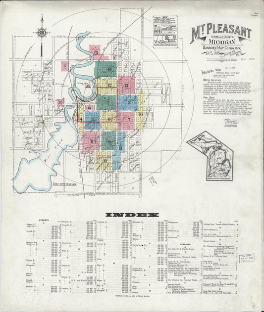 Sanborn Fire Insurance Map from Mount Pleasant, Isabella County, Michigan (1924), Sheet #0001 - Historic Sanborn Fire Insurance Map Print, vintage old map wall art, antique decor, genealogy gift, Michigan Michigan map