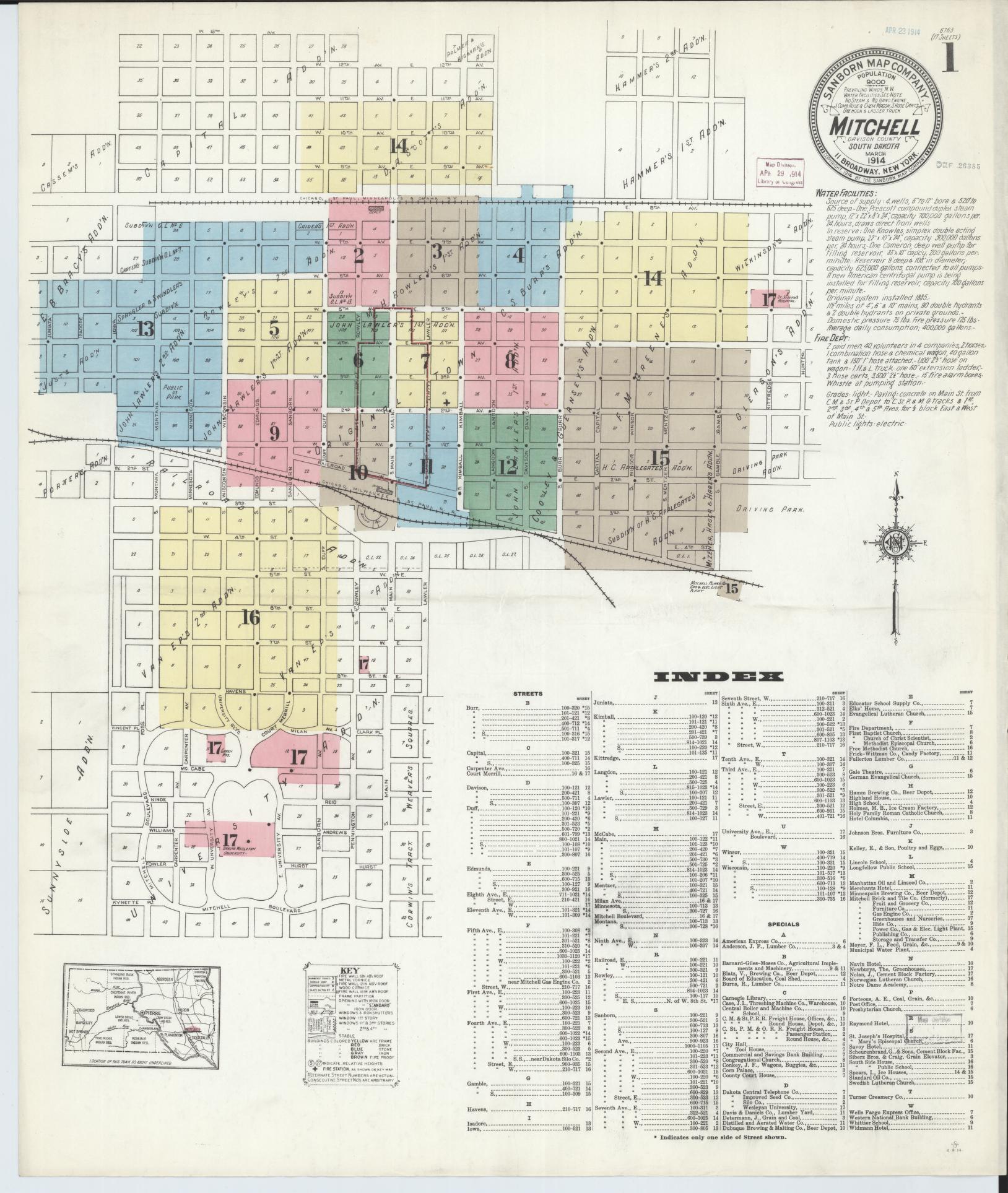 Sanborn Fire Insurance Map from Mitchell, Davison County, South Dakota (1914), Sheet #0001 - Historic Sanborn Fire Insurance Map Print, vintage old map wall art, antique decor, genealogy gift, South Dakota South Dakota map