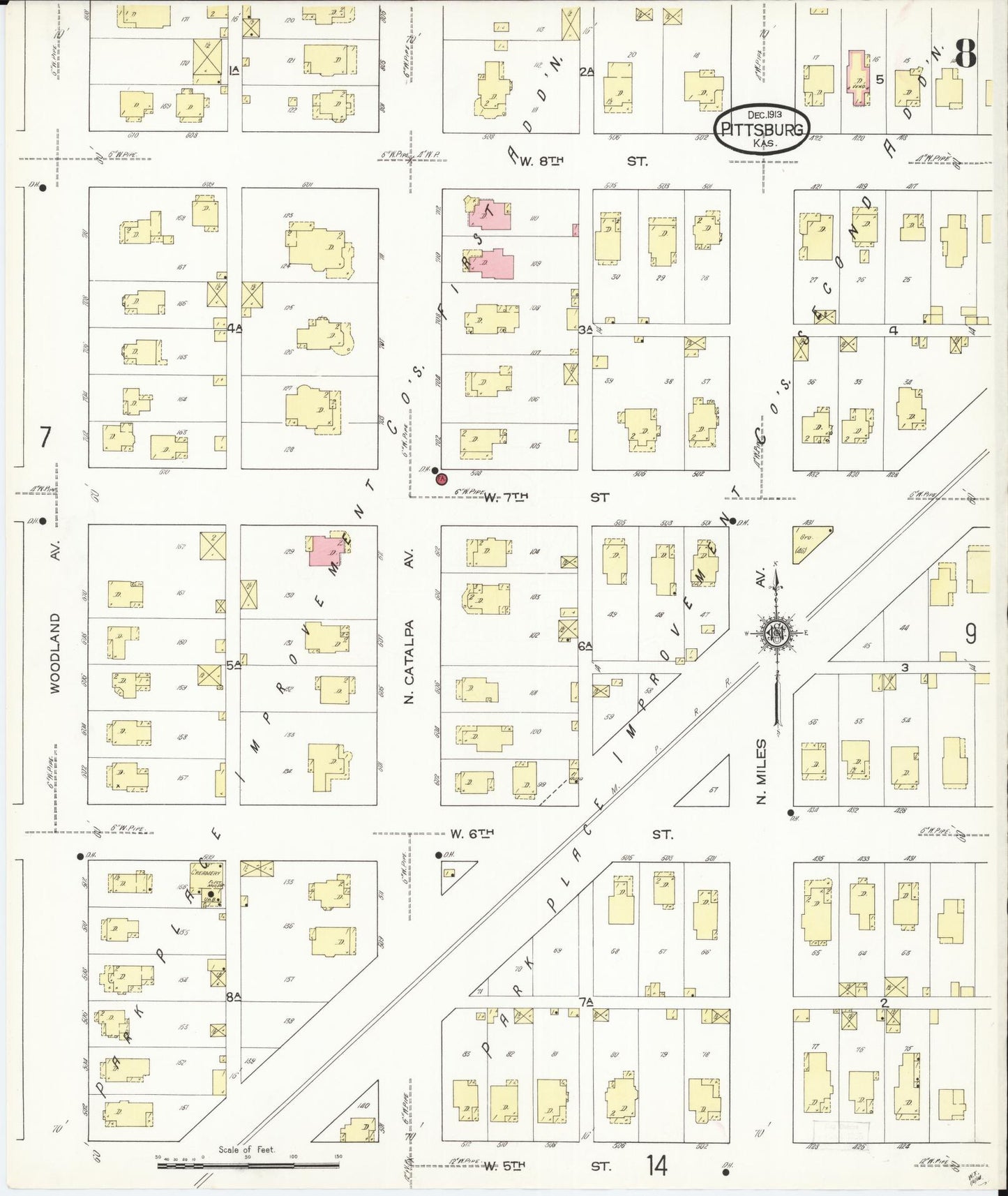 Sanborn Fire Insurance Map from Pittsburg, Crawford County, Kansas (1913), Sheet #0008 - Historic Sanborn Fire Insurance Map Print, vintage old map wall art, antique decor, genealogy gift, Kansas Kansas map