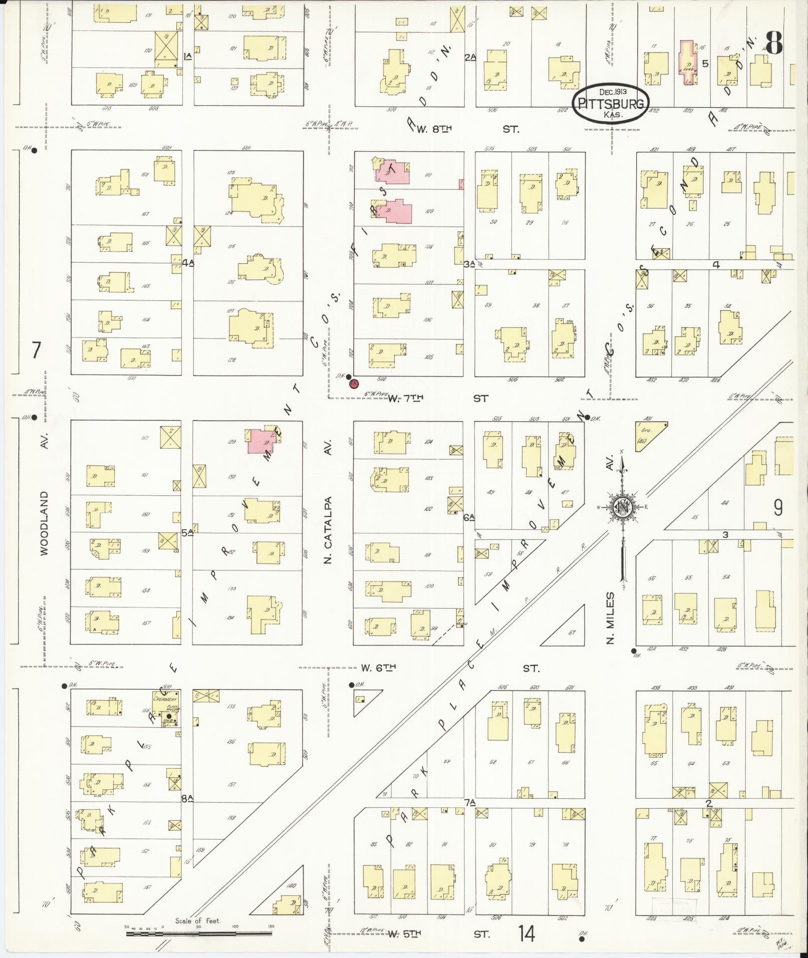 Sanborn Fire Insurance Map from Pittsburg, Crawford County, Kansas (1913), Sheet #0008 - Historic Sanborn Fire Insurance Map Print, vintage old map wall art, antique decor, genealogy gift, Kansas Kansas map