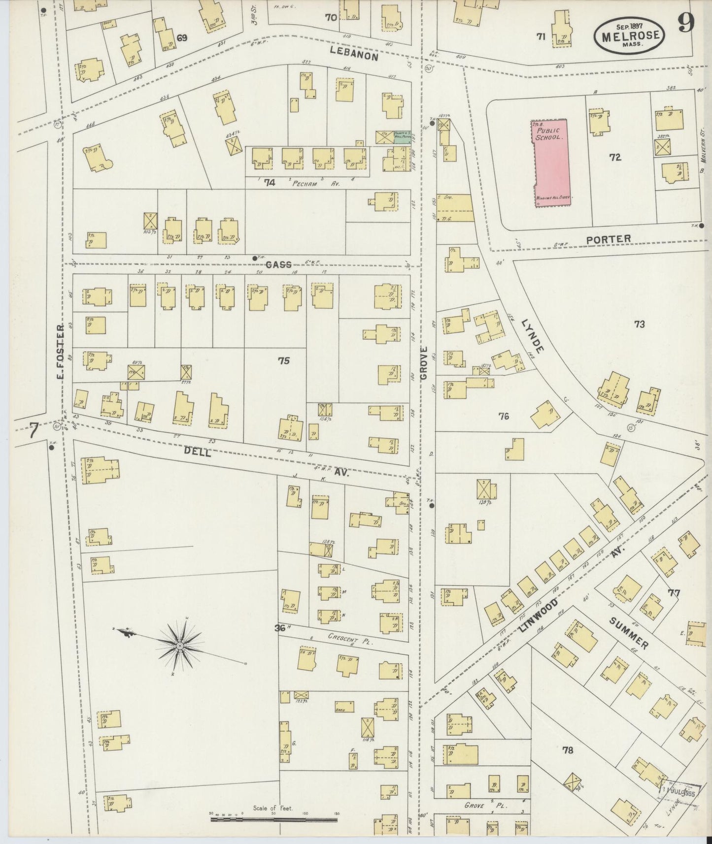 Sanborn Fire Insurance Map from Melrose, Middlesex County, Massachusetts (1897), Sheet #0009 - Complete Map Set gallery image, historic Sanborn map, vintage wall art, Massachusetts Massachusetts
