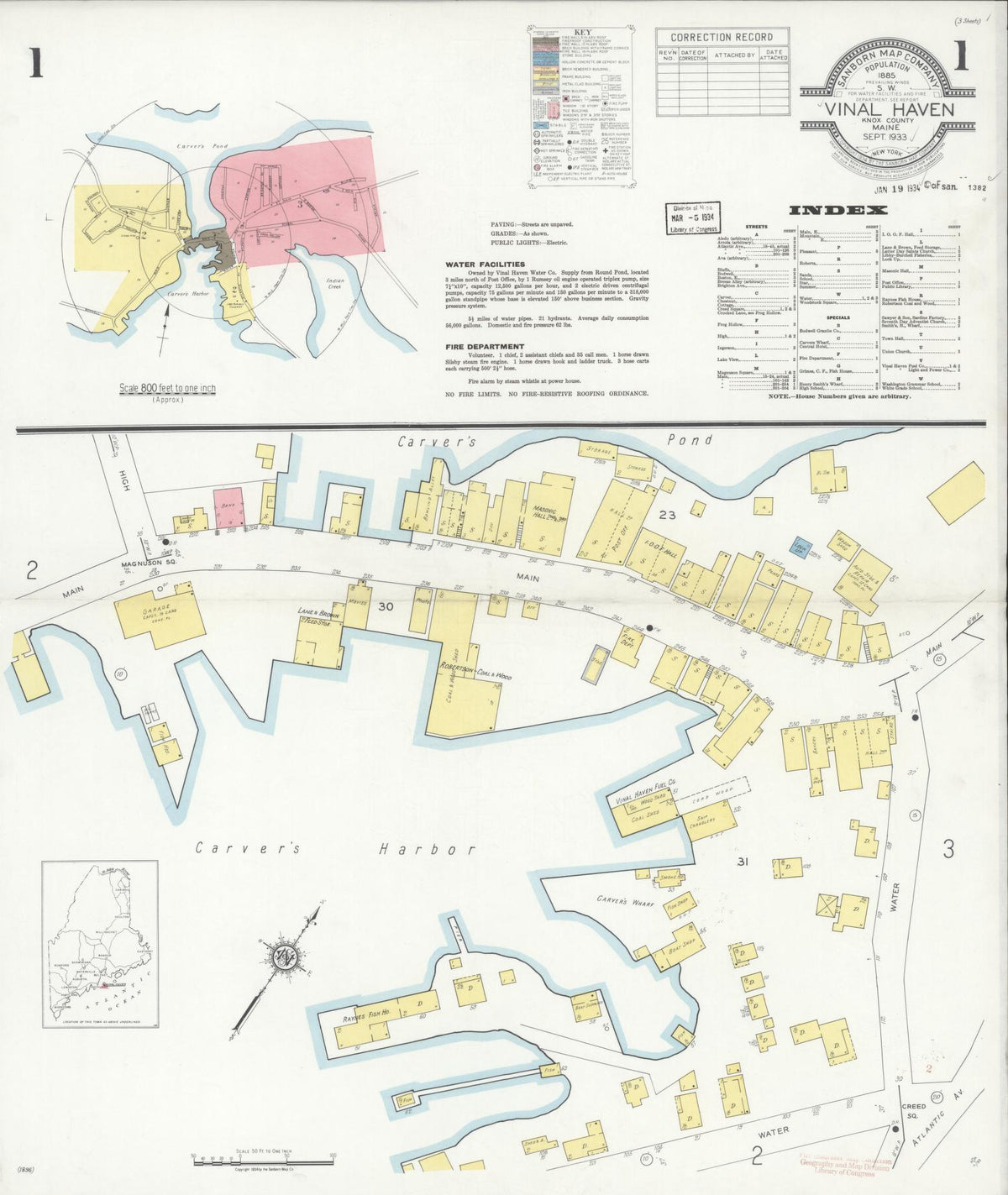 Sanborn Fire Insurance Map from Vinalhaven, Knox County, Maine (1933), Sheet #0001 - Historic Sanborn Fire Insurance Map Print, vintage old map wall art, antique decor, genealogy gift, Maine Maine map